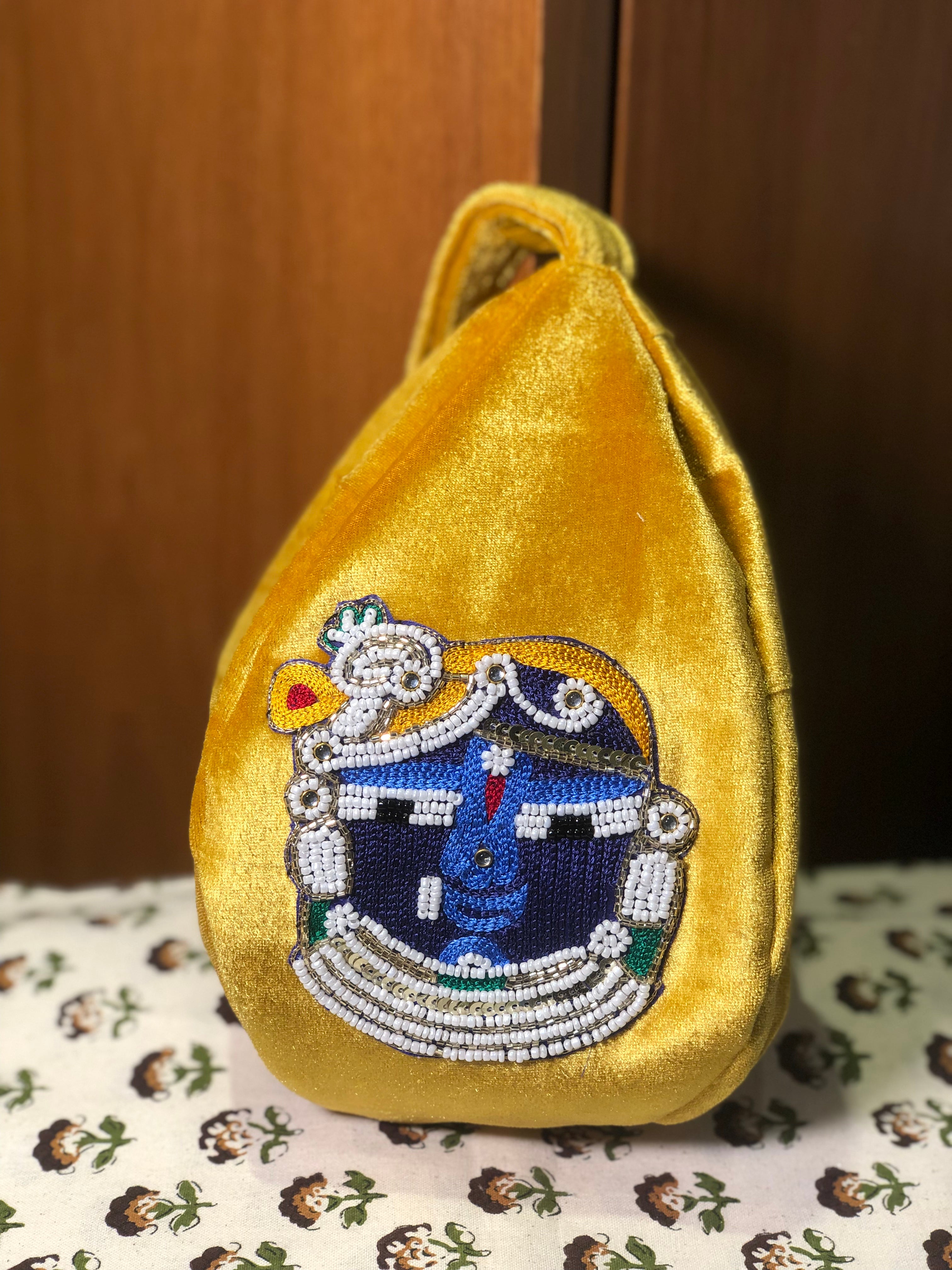 Shrinathji Embroidery Yellow Velvet Japa Bag