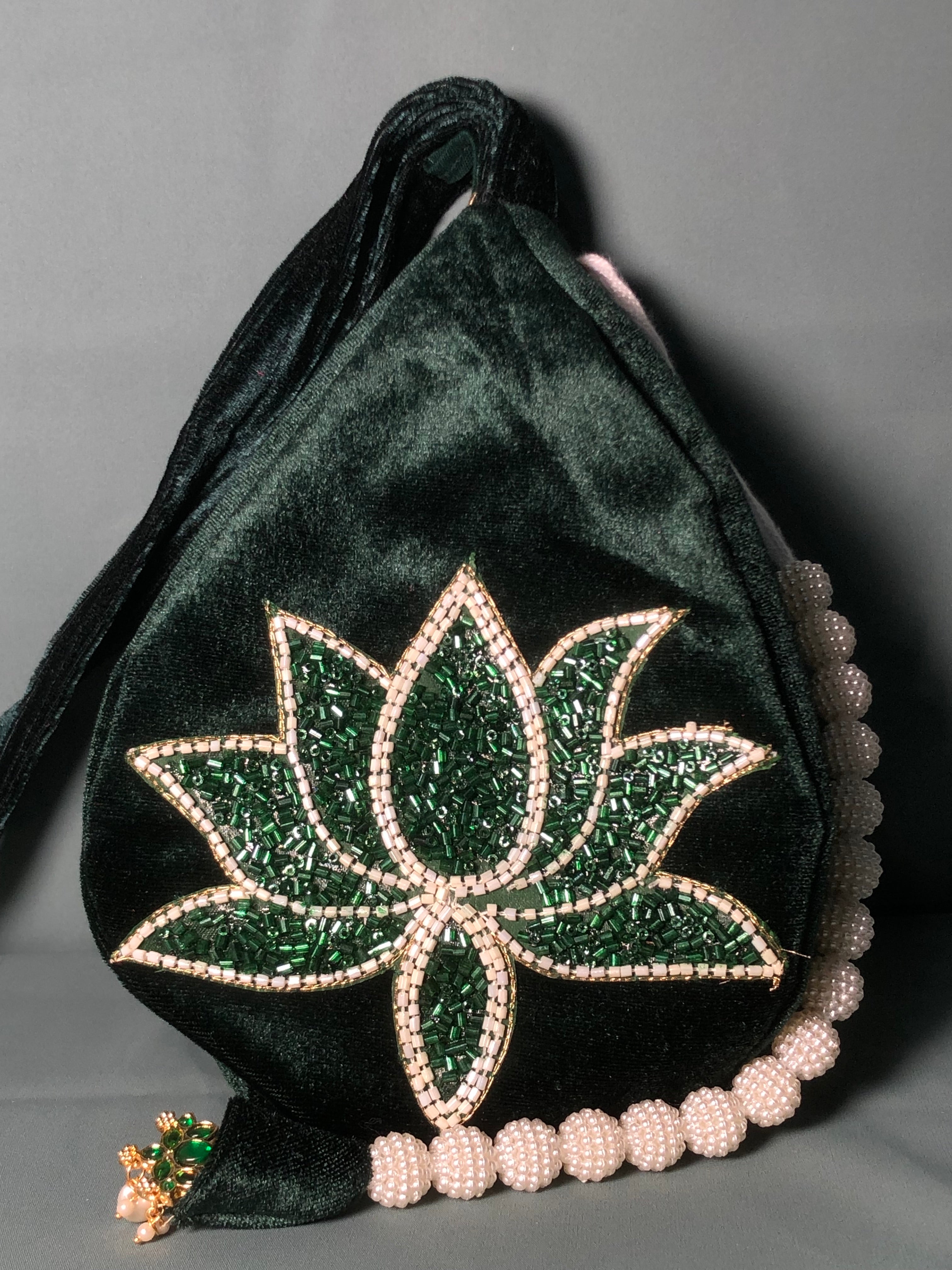 Green beaded Lotus Velvet Japa Bag