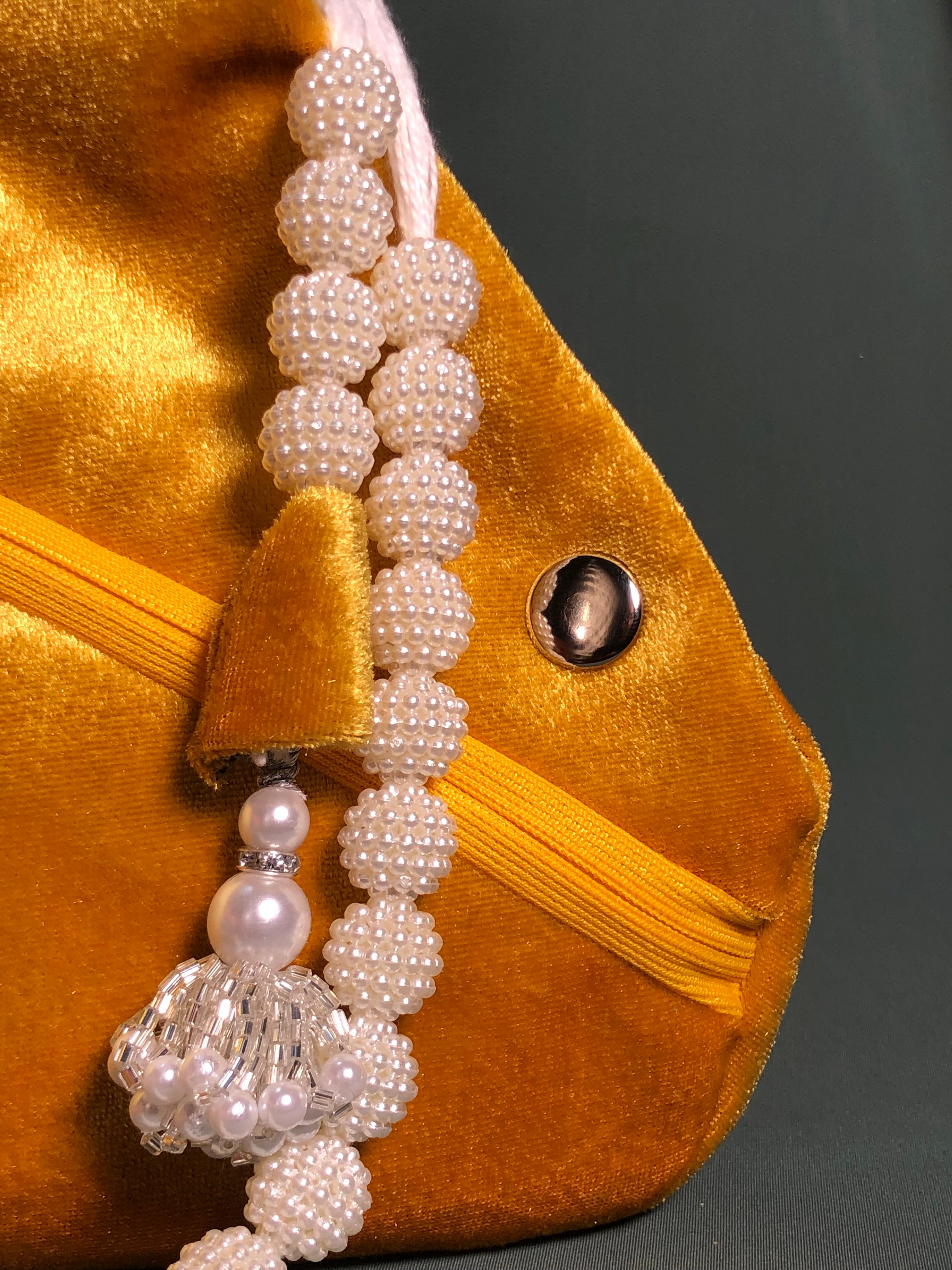 Golden yellow beaded Lotus Velvet Japa Bag