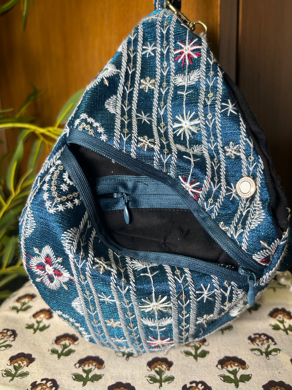 Deep Blue Embroidered Japa Bag