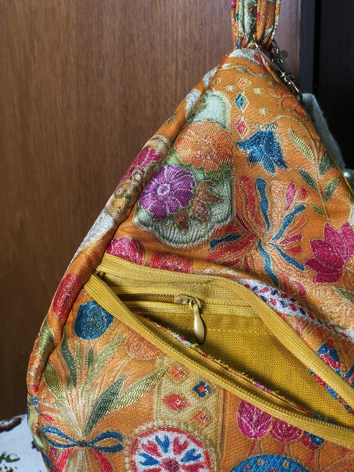 Mustard Gold Position Print Jacquard Japa Bag