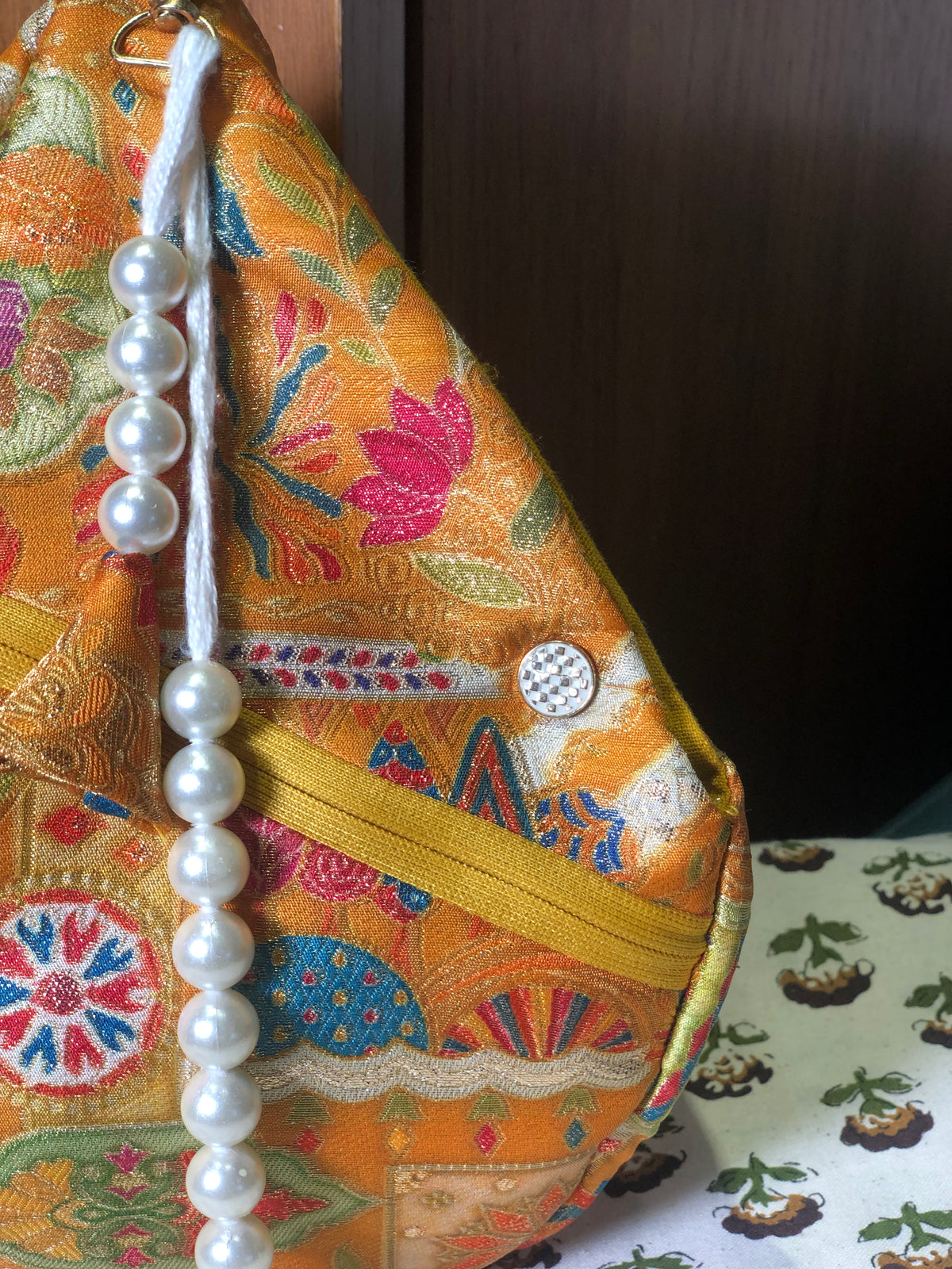 Mustard Gold Position Print Jacquard Japa Bag