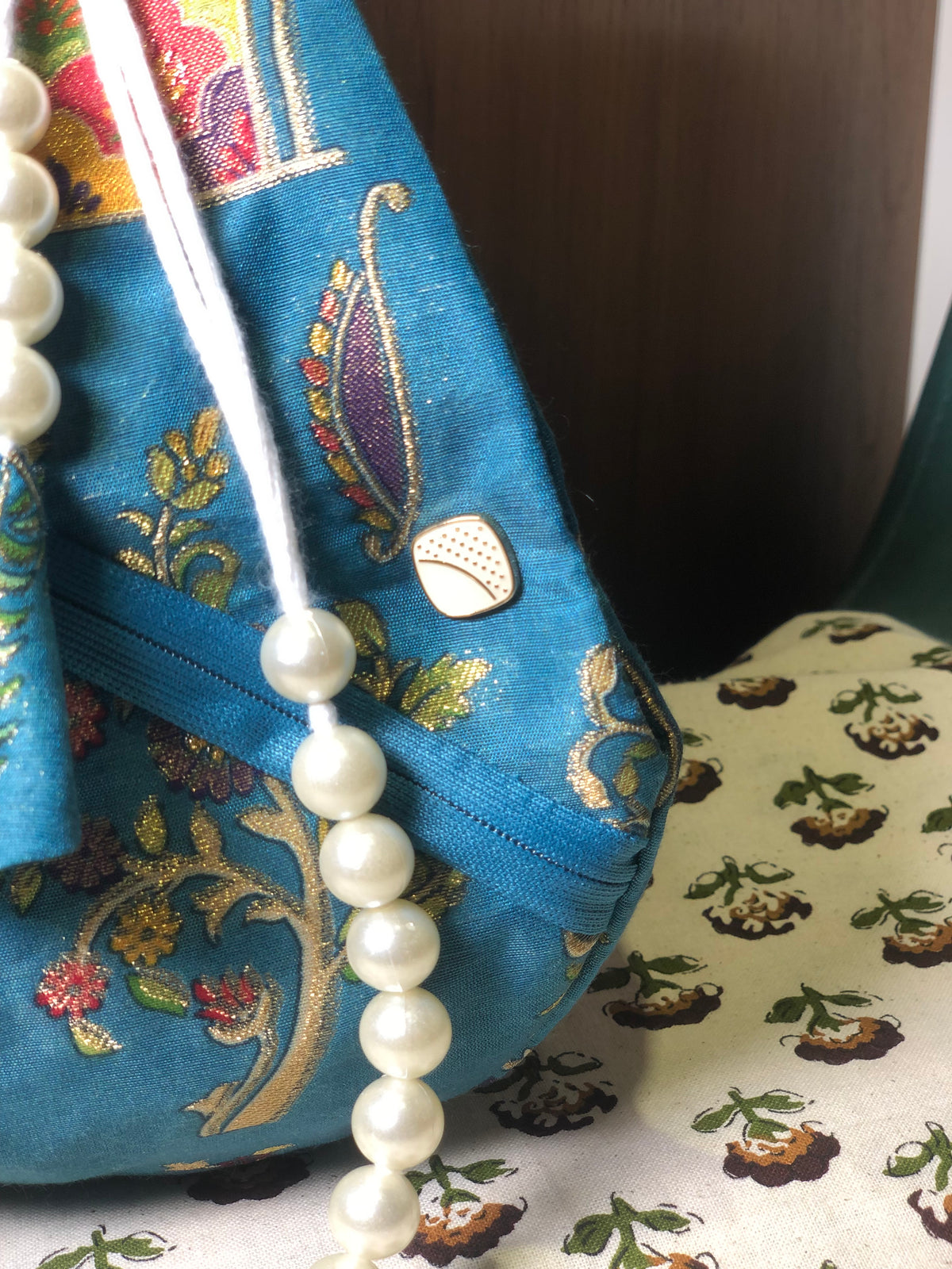Teal Blue Position Print Jacquard Japa Bag