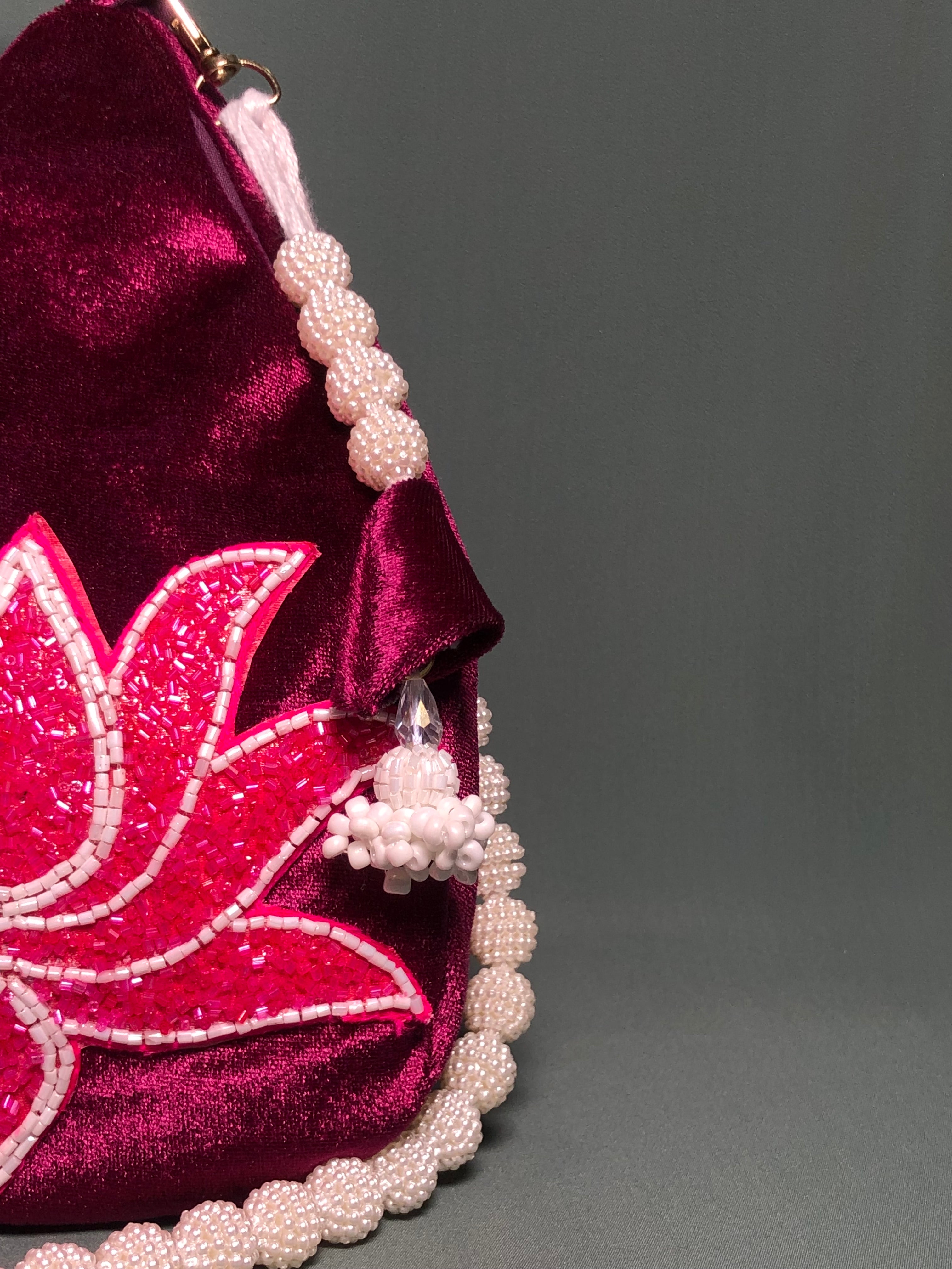 Dark Pink beaded Lotus Velvet Japa Bag (L Size)