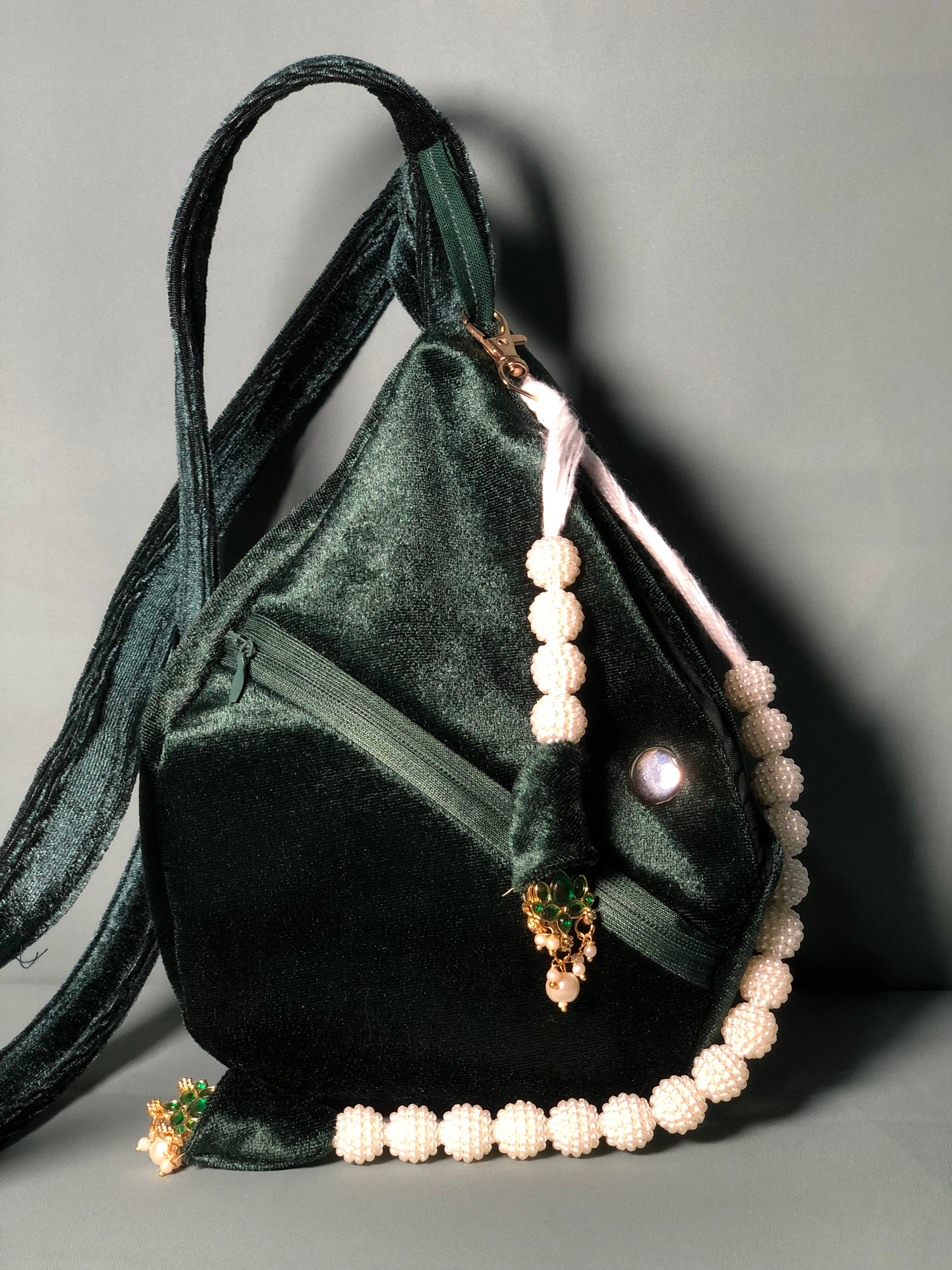 Green beaded Lotus Velvet Japa Bag
