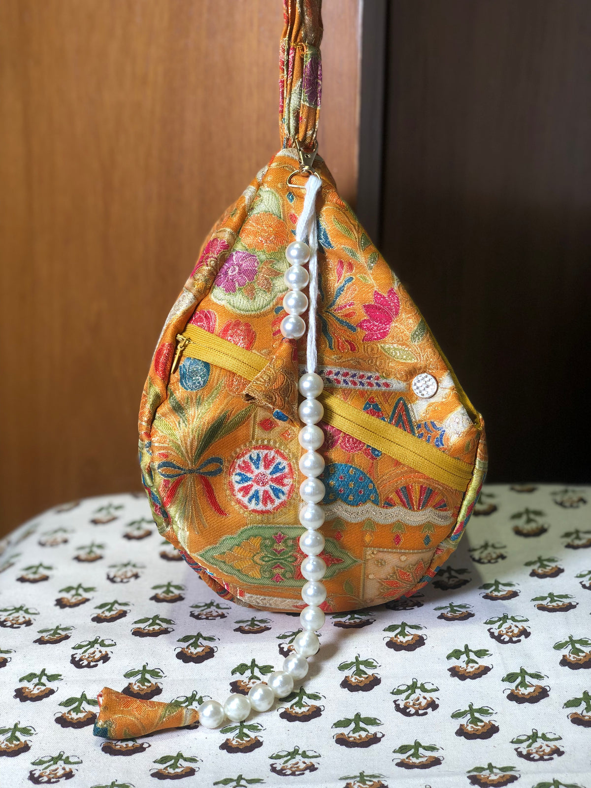 Mustard Gold Position Print Jacquard Japa Bag