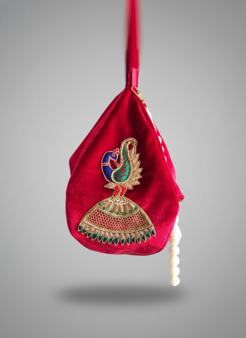 Peacock Embroidery Velvet Japa Bag