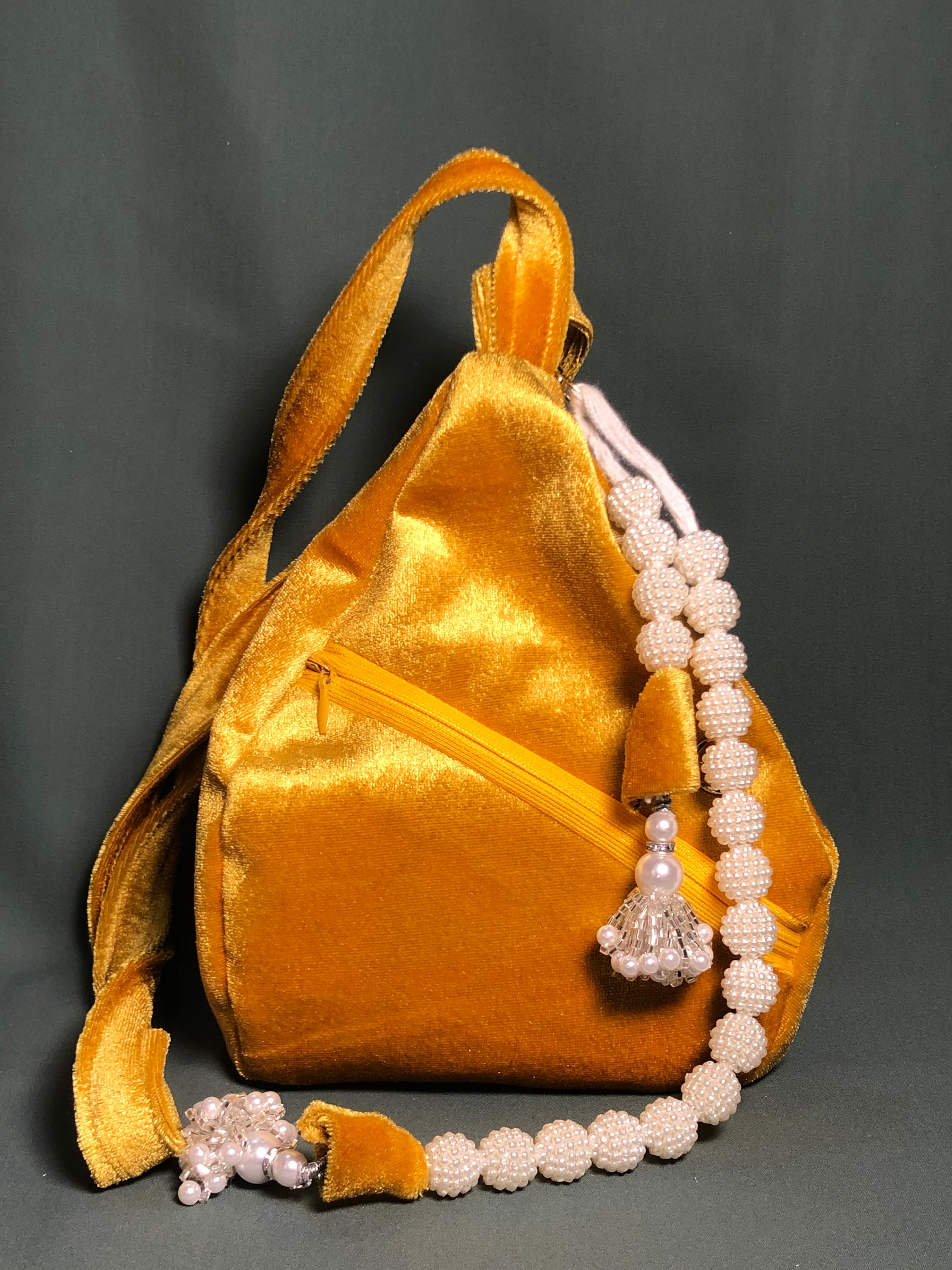 Golden yellow beaded Lotus Velvet Japa Bag