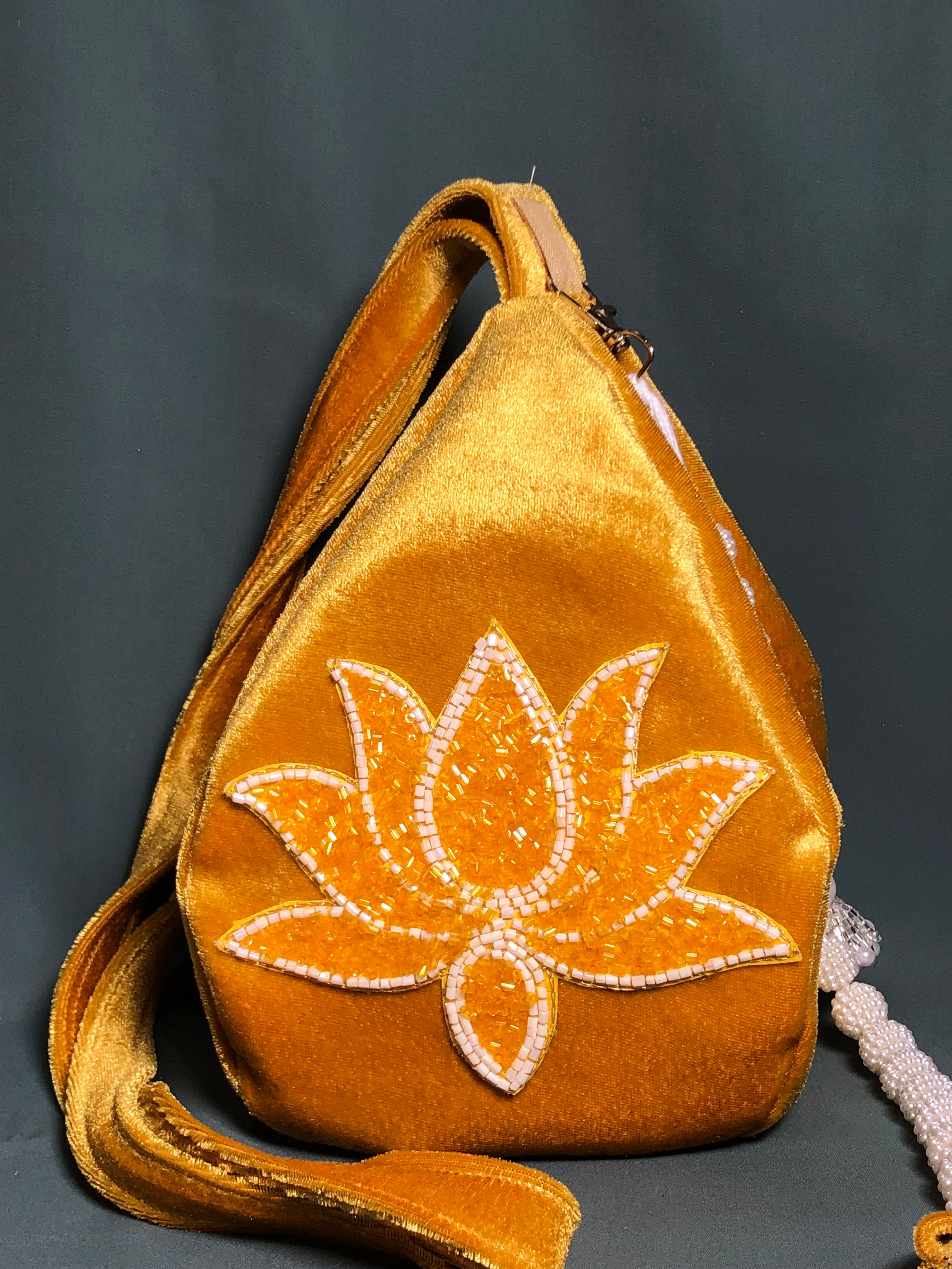 Golden yellow beaded Lotus Velvet Japa Bag