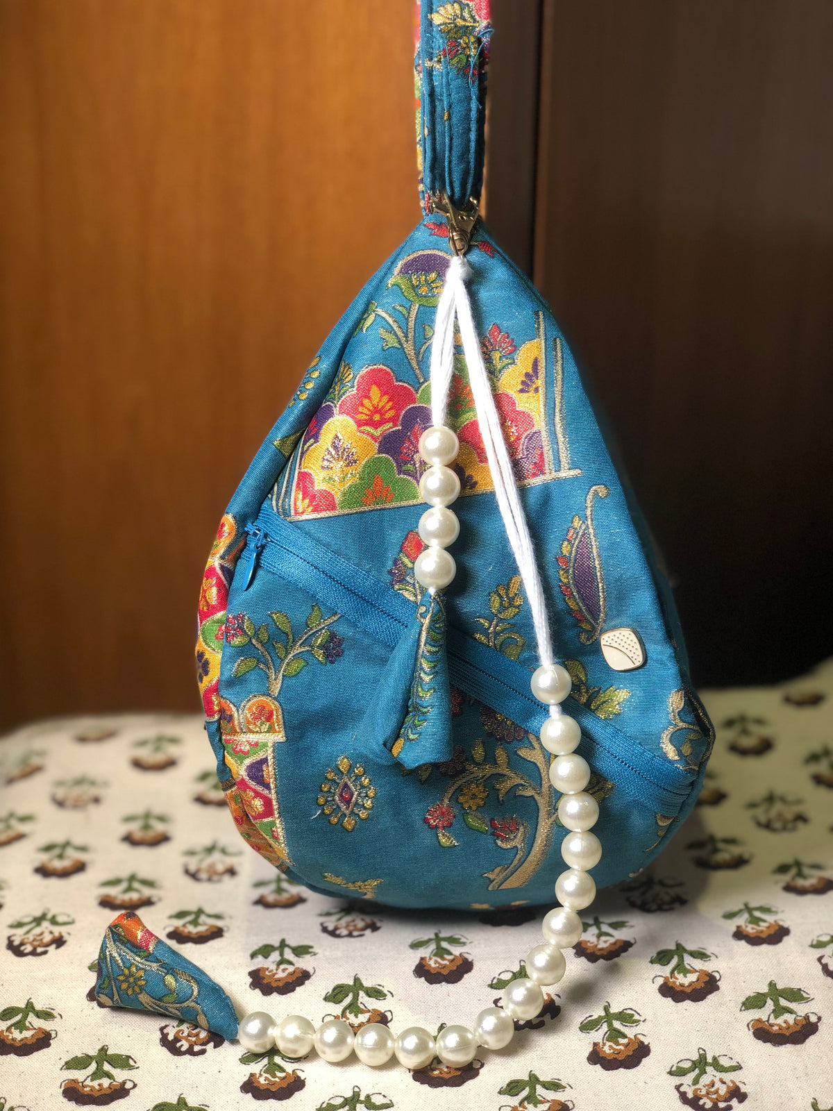 Teal Blue Position Print Jacquard Japa Bag