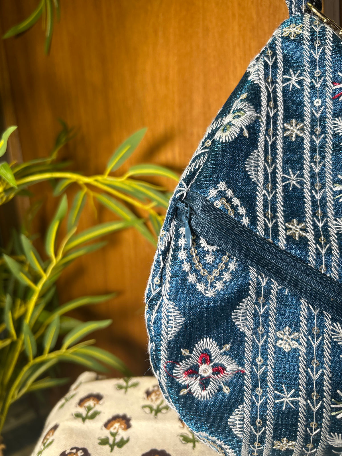 Deep Blue Embroidered Japa Bag