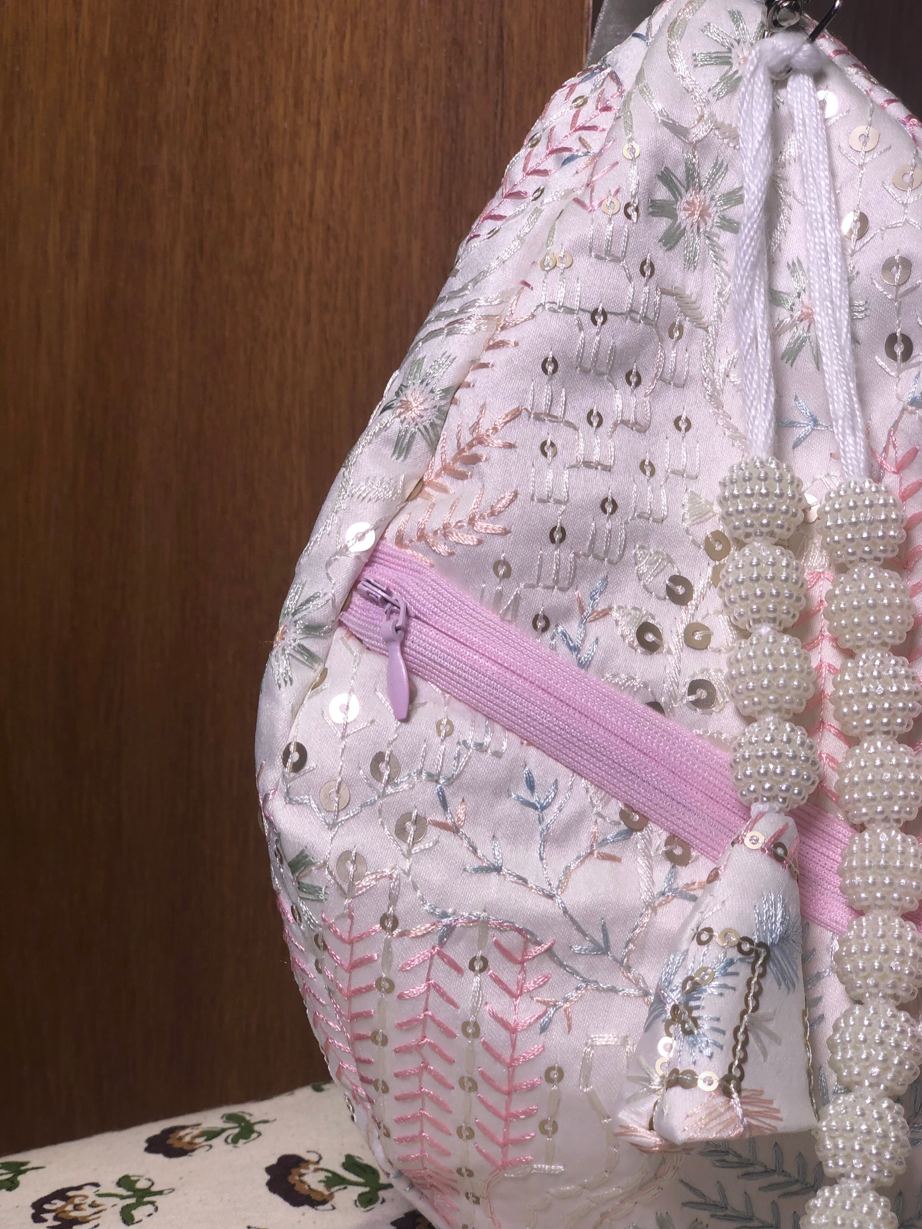 pastel Leaf embroidery silk japa bag