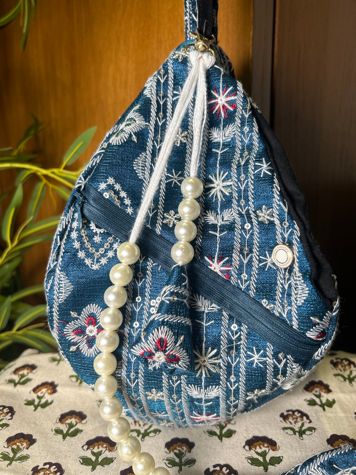 Deep Blue Embroidered Japa Bag