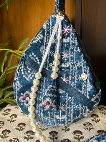 Deep Blue Embroidered Japa Bag