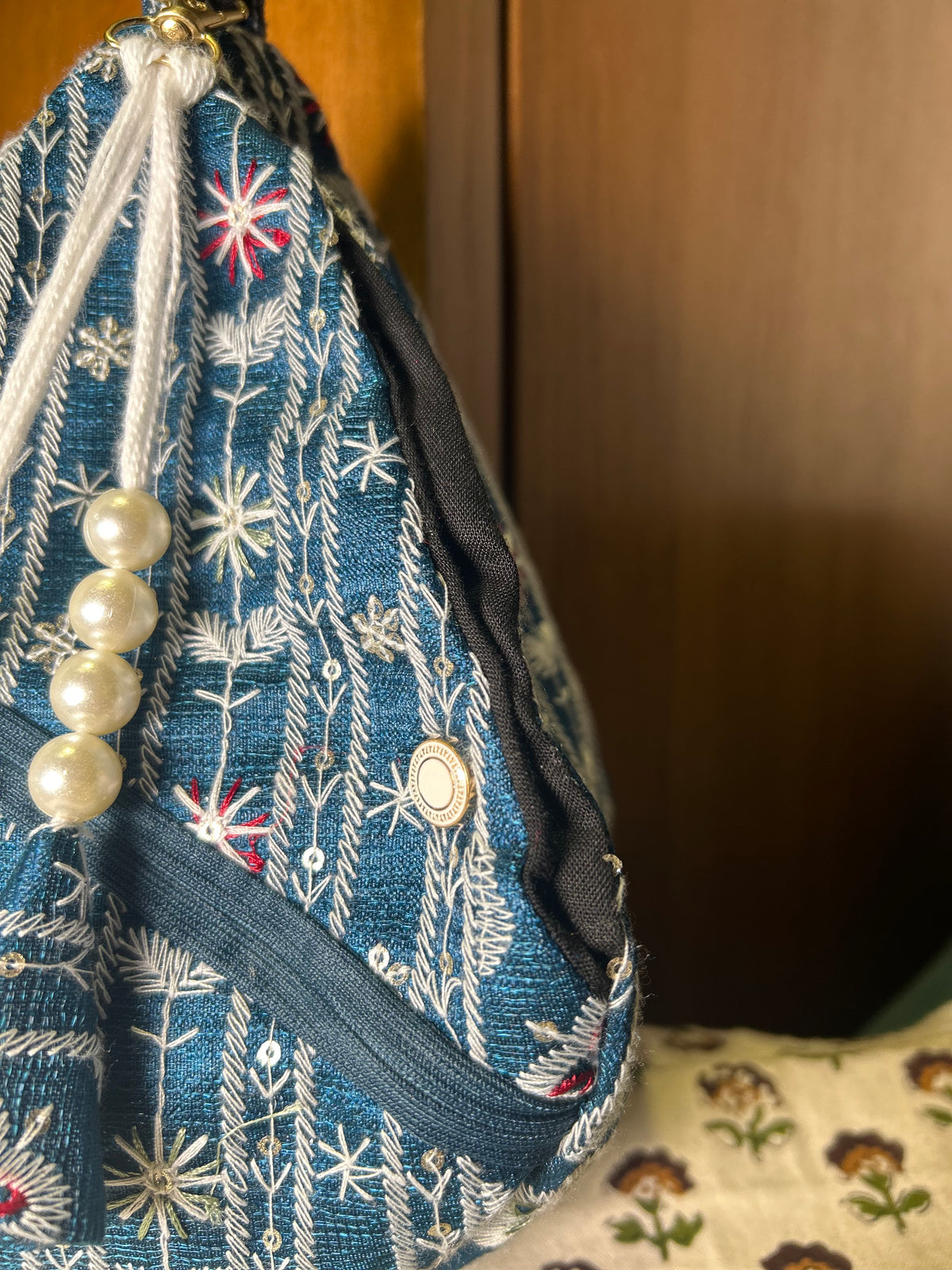 Deep Blue Embroidered Japa Bag