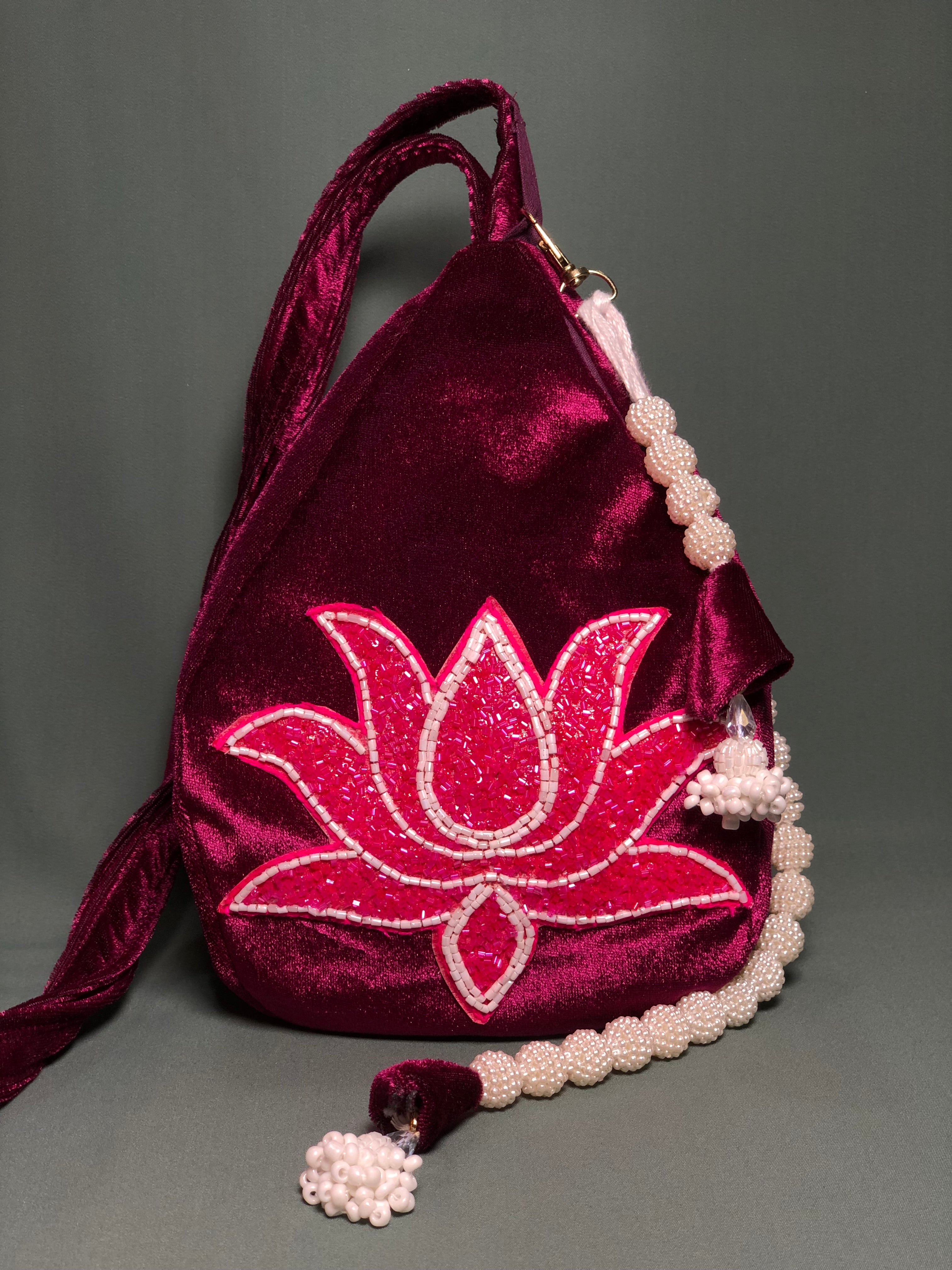 Dark Pink beaded Lotus Velvet Japa Bag (L Size)