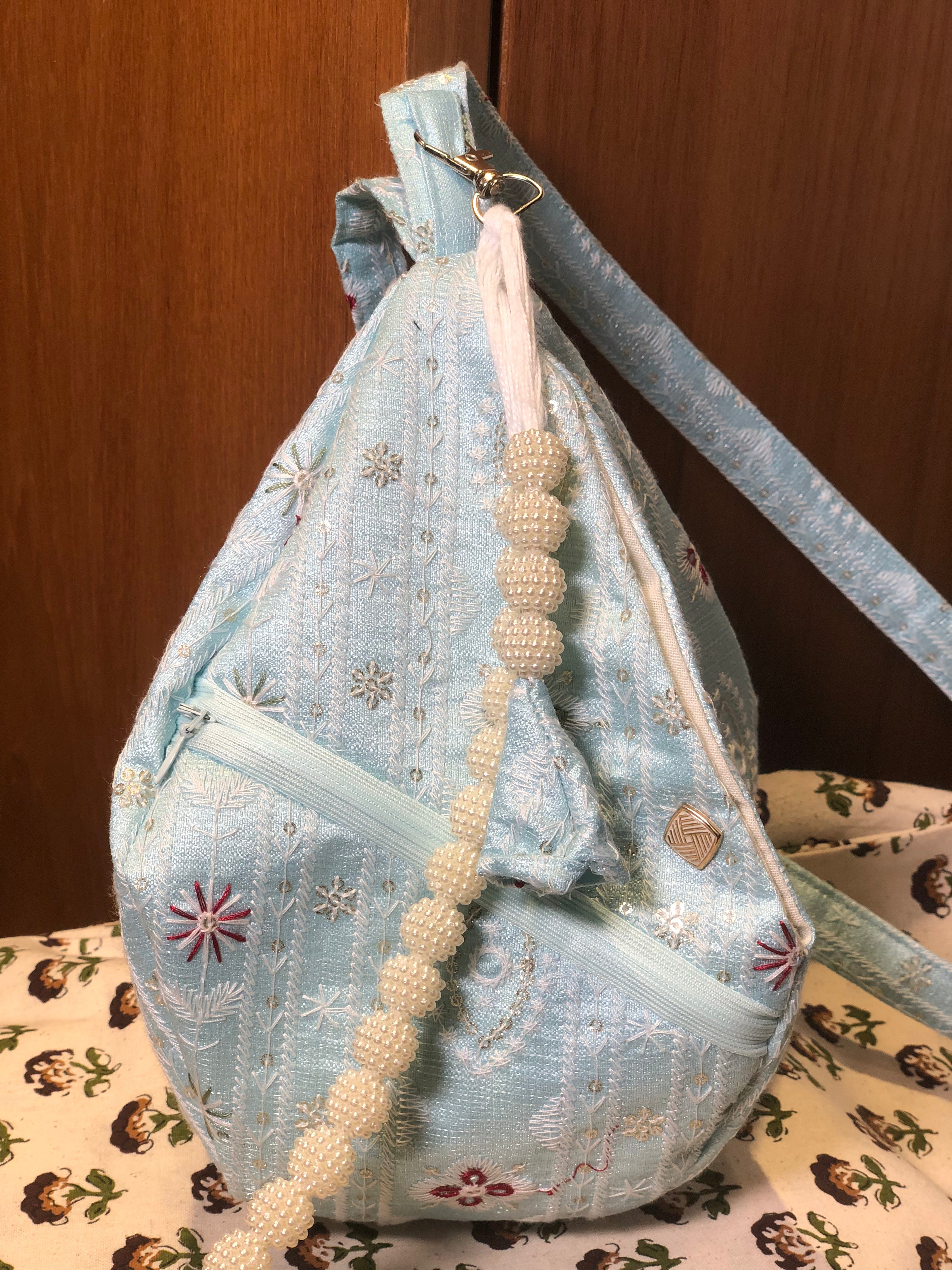 Sky Blue Embroidered Japa Bag