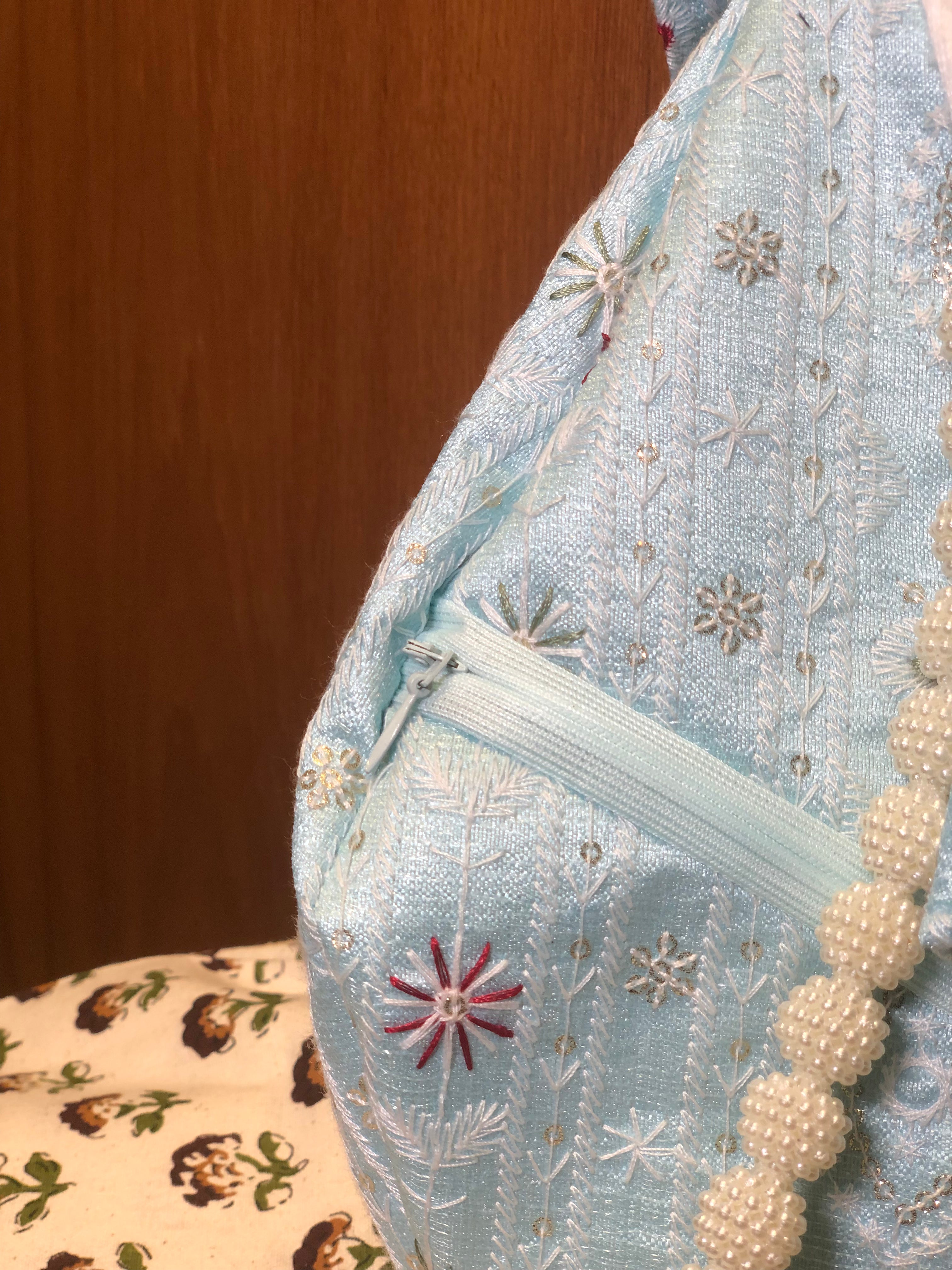 Sky Blue Embroidered Japa Bag