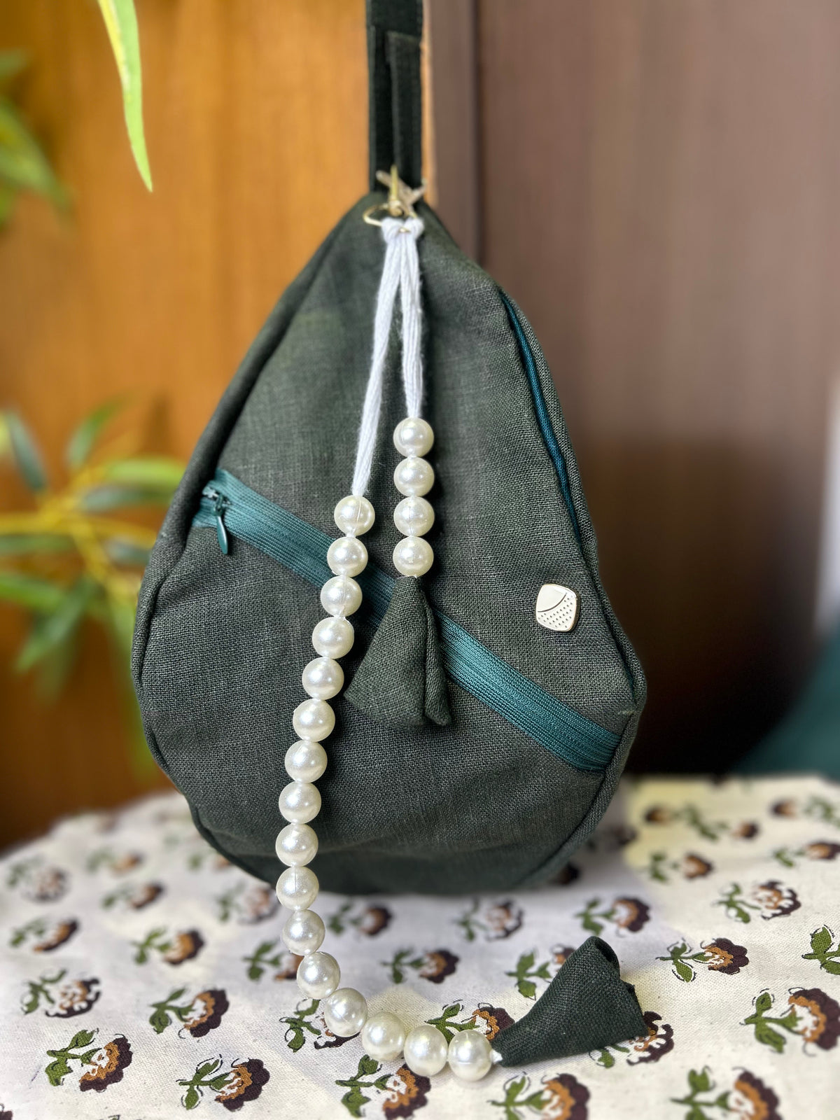 Deep Olive Green Linen Japa Bag