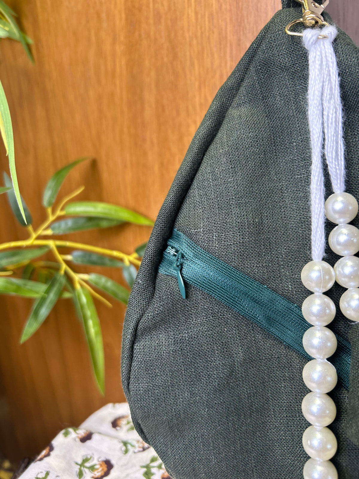 Deep Olive Green Linen Japa Bag