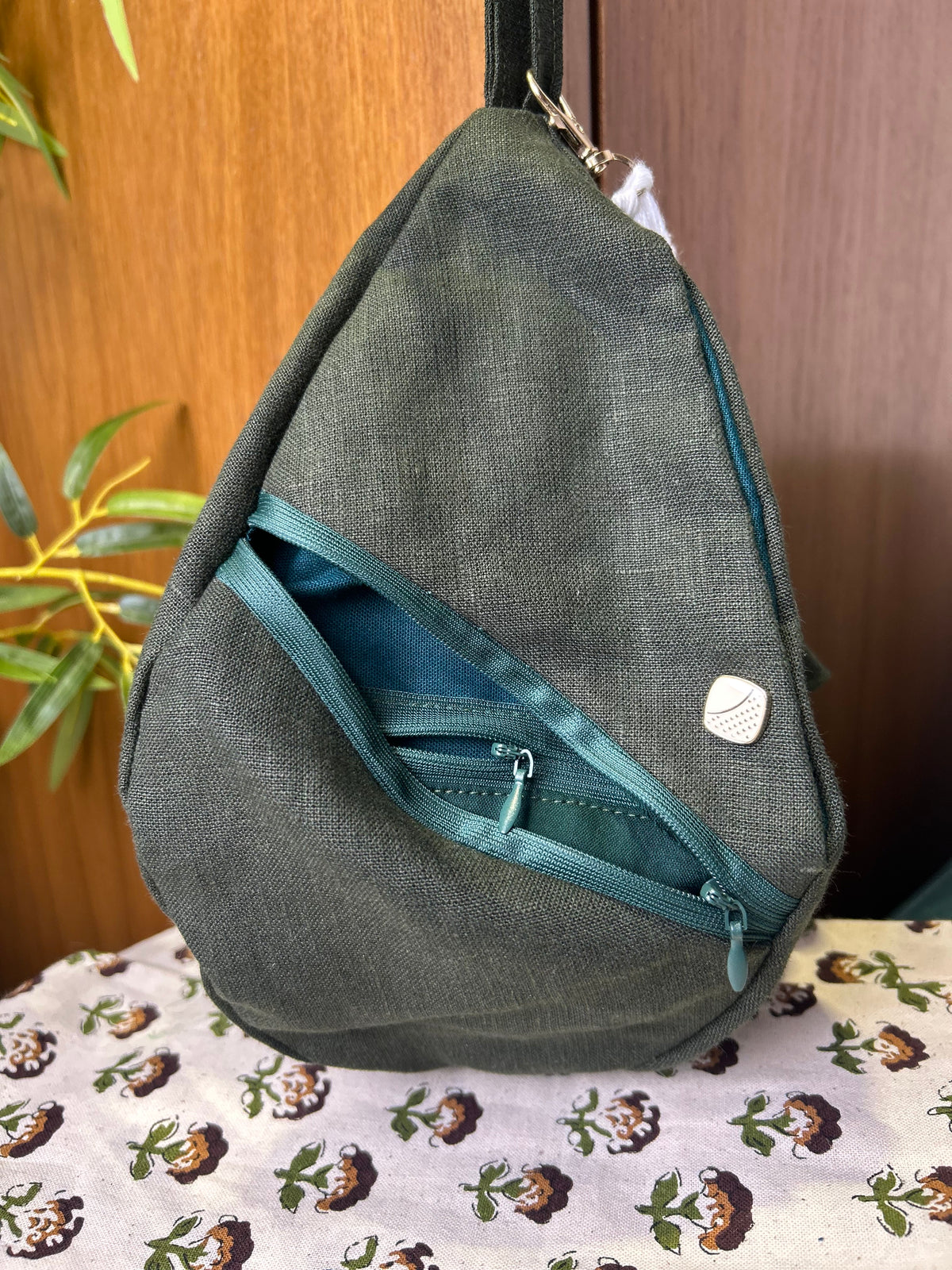 Deep Olive Green Linen Japa Bag