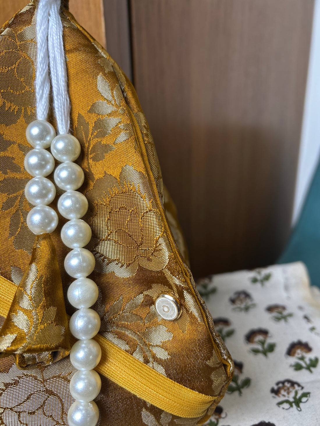 Antique Golden Rose Silk Japa Bag