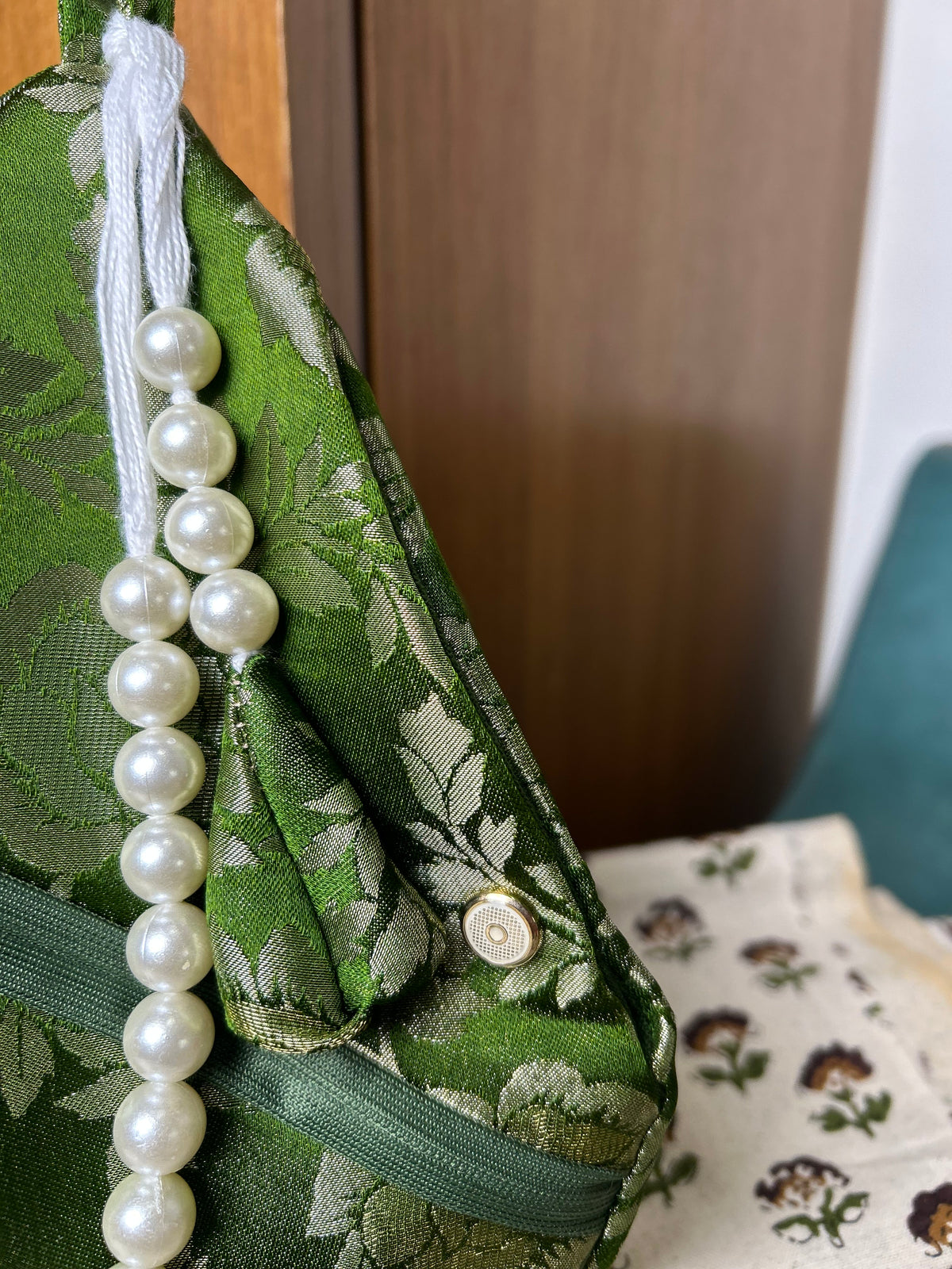 Olive Green Rose Silk Japa Bag