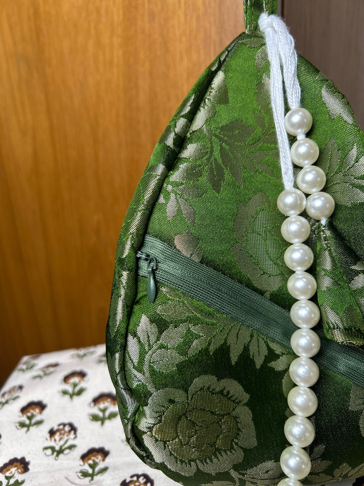 Olive Green Rose Silk Japa Bag