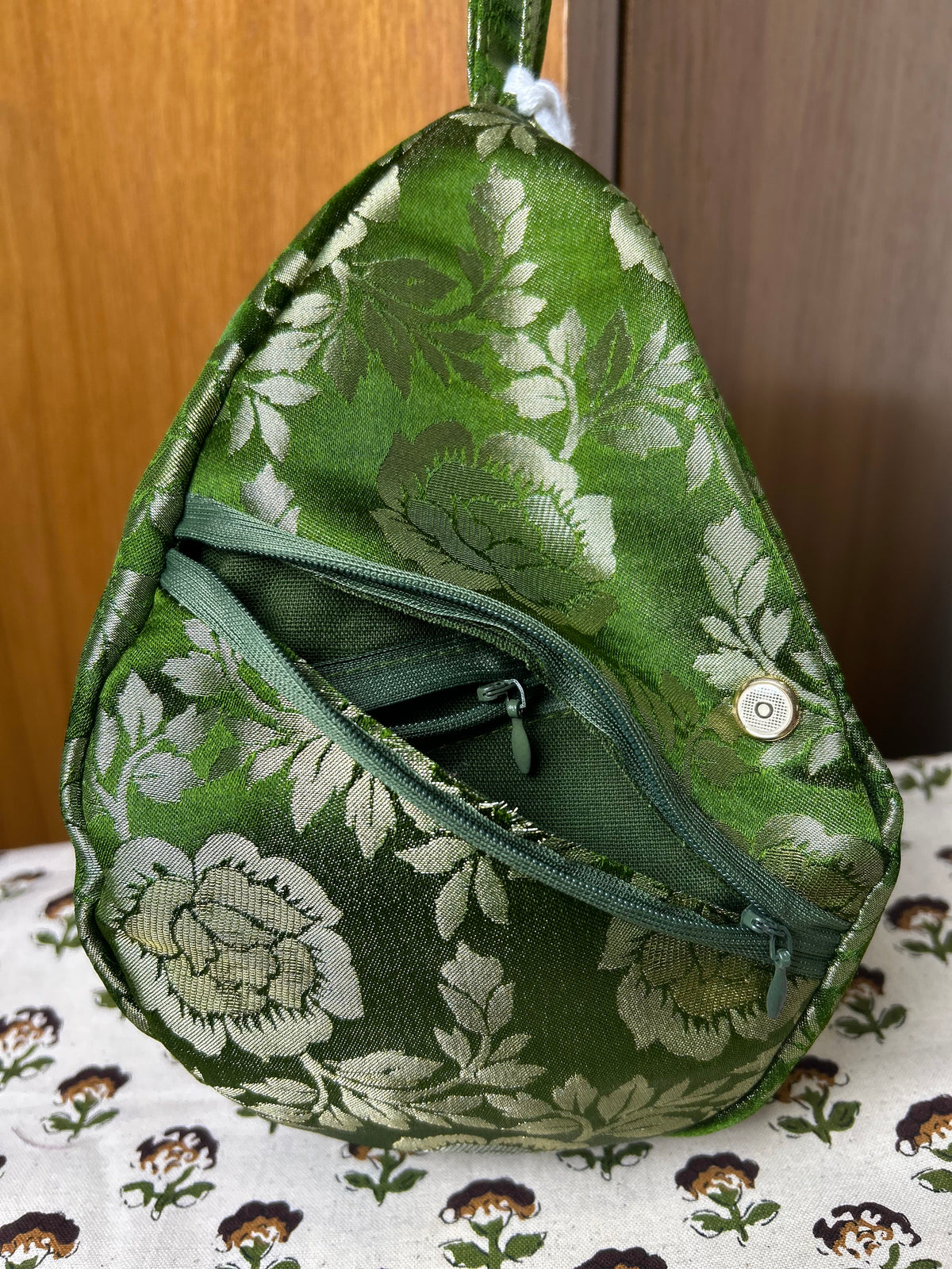Olive Green Rose Silk Japa Bag