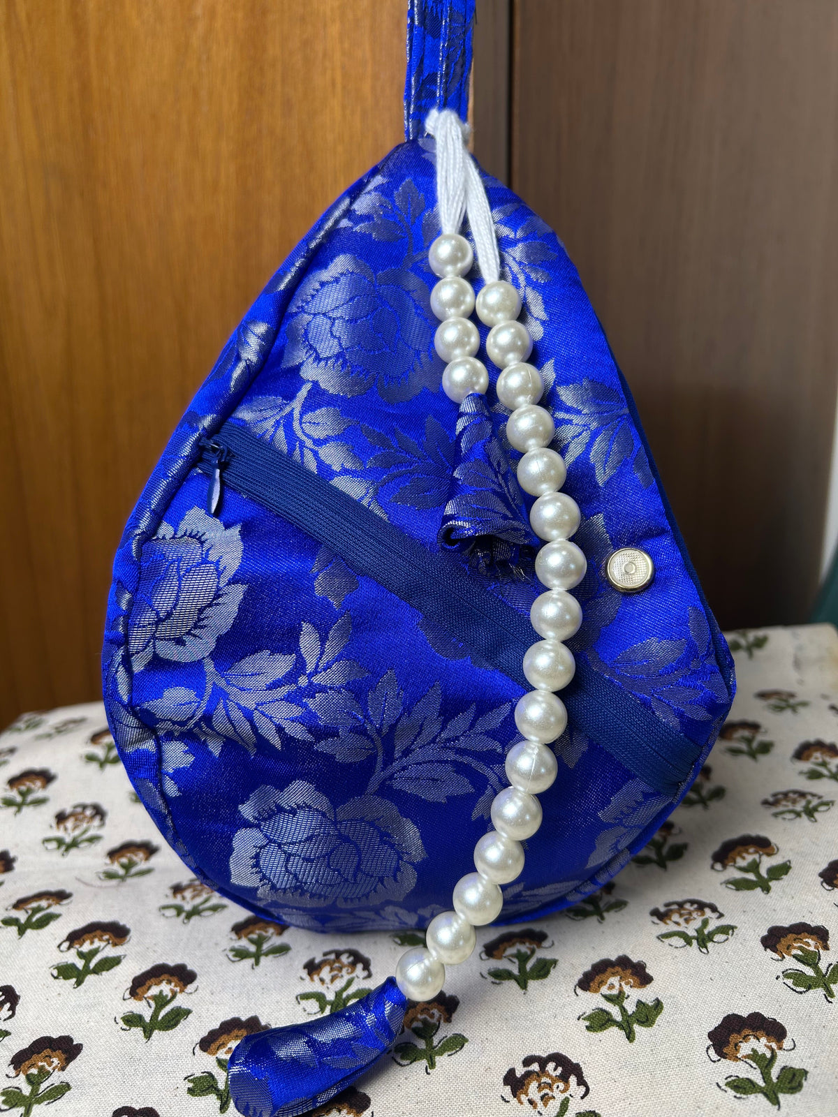 Royal Blue Rose Silk Japa Bag