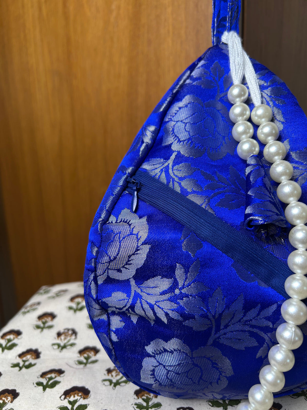 Royal Blue Rose Silk Japa Bag