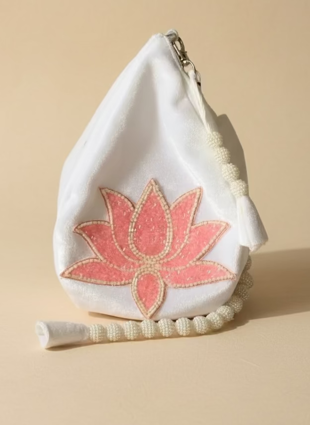 Pink beaded Lotus Velvet Japa Bag
