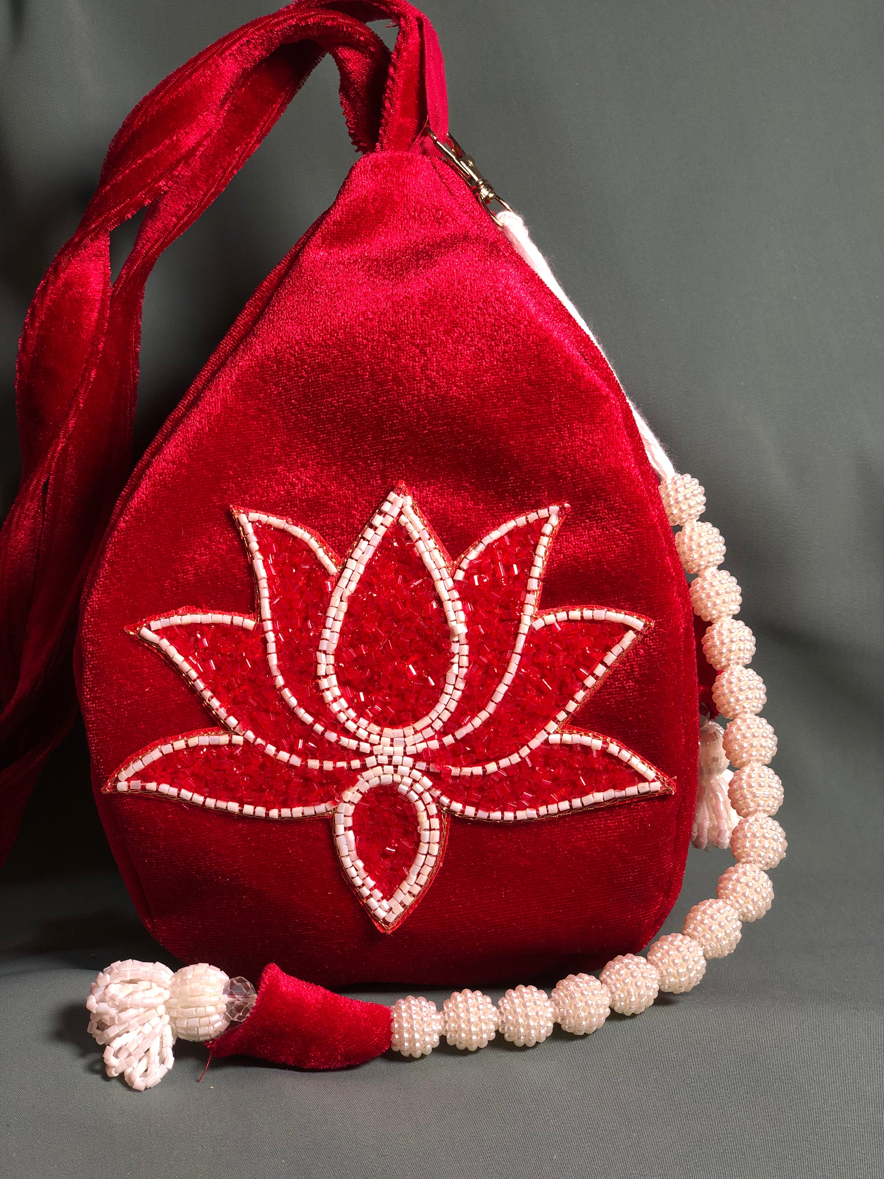 Red beaded Lotus Velvet Japa Bag