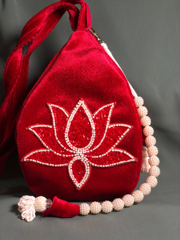 Red beaded Lotus Velvet Japa Bag