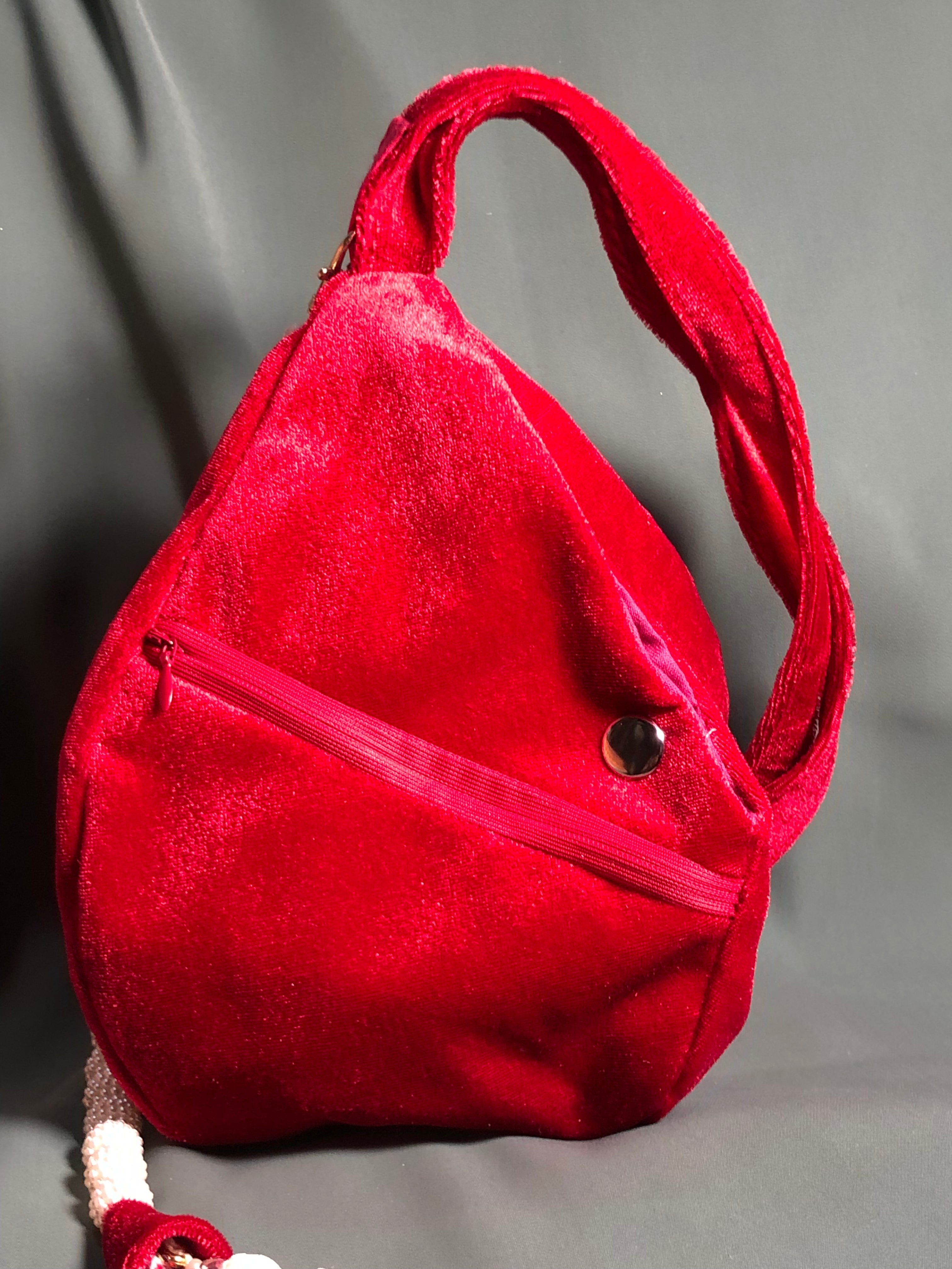 Red beaded Lotus Velvet Japa Bag
