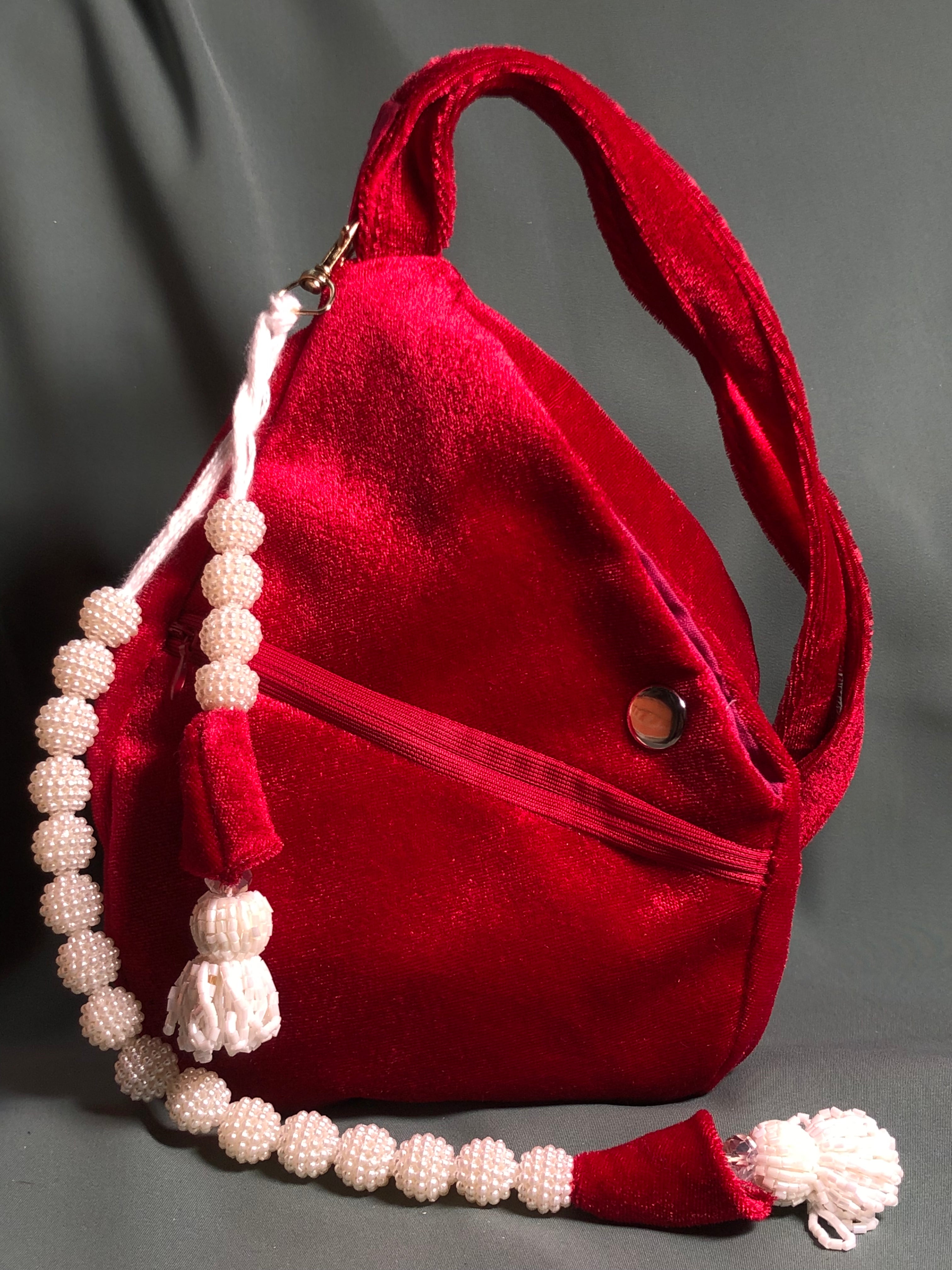 Red beaded Lotus Velvet Japa Bag