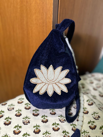White beaded Lotus Blue Velvet Japa Bag