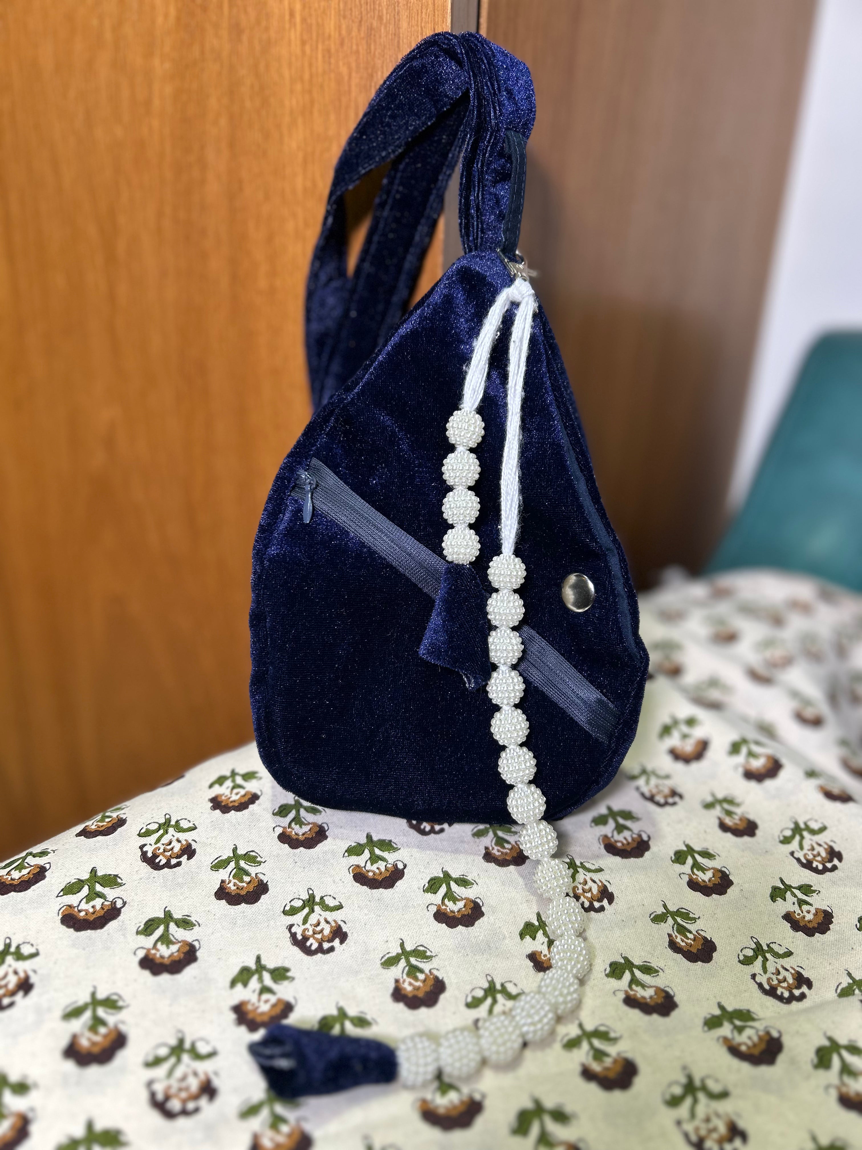 White beaded Lotus Blue Velvet Japa Bag