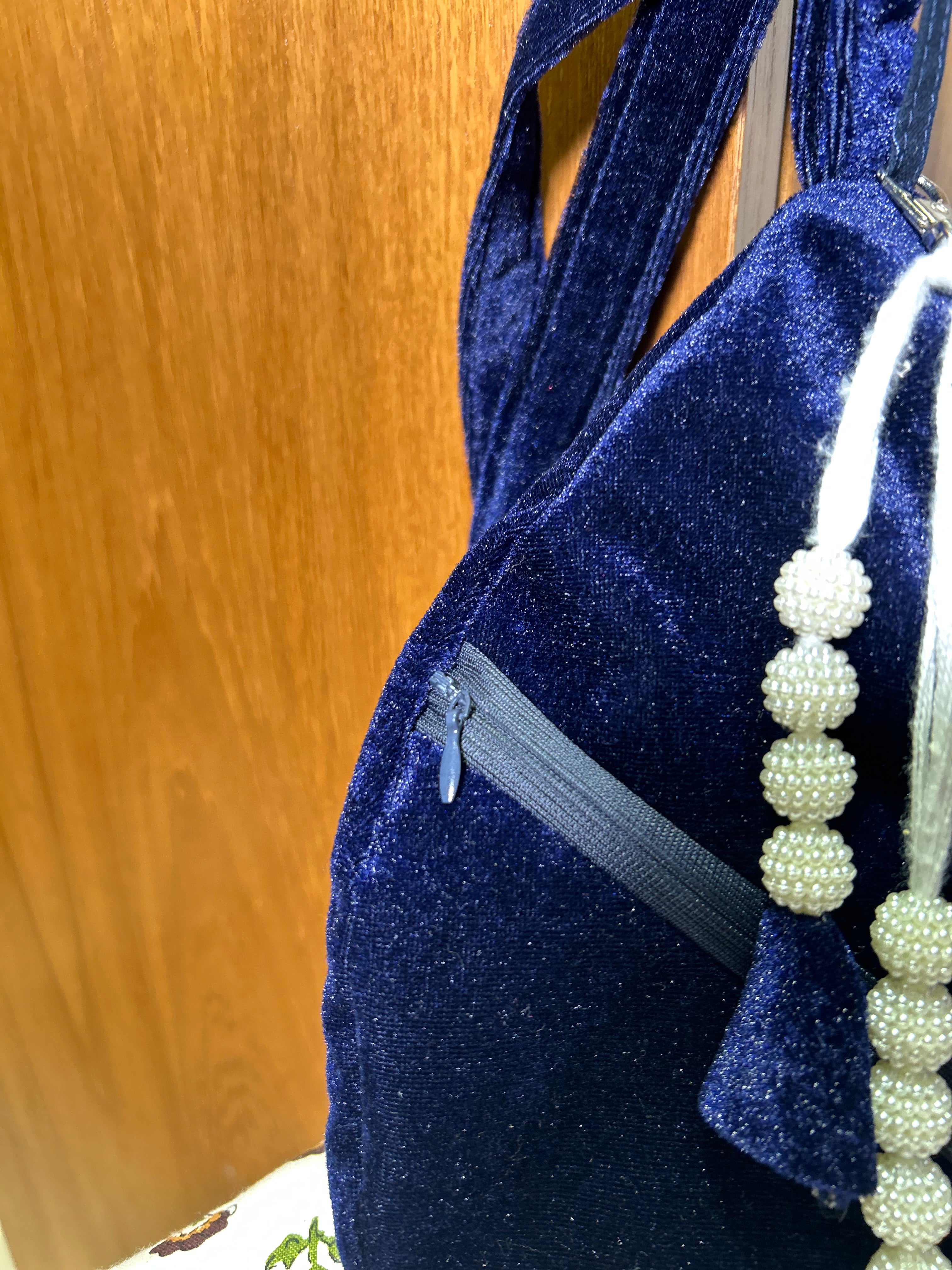 White beaded Lotus Blue Velvet Japa Bag