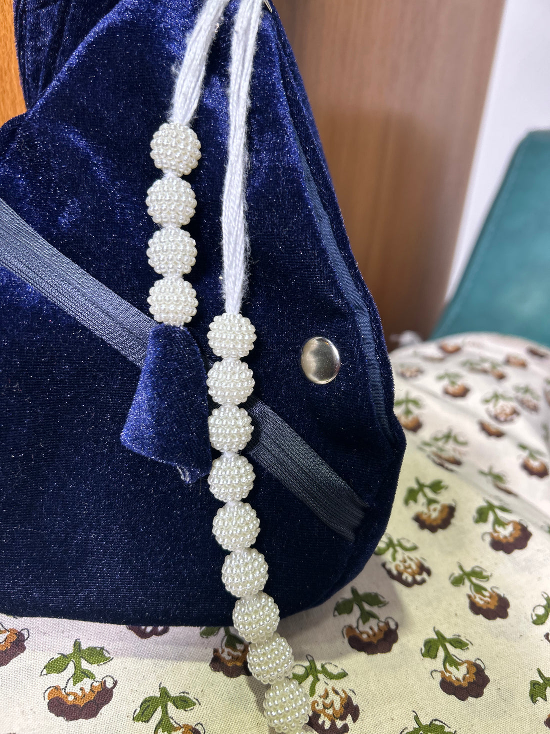 White beaded Lotus Blue Velvet Japa Bag