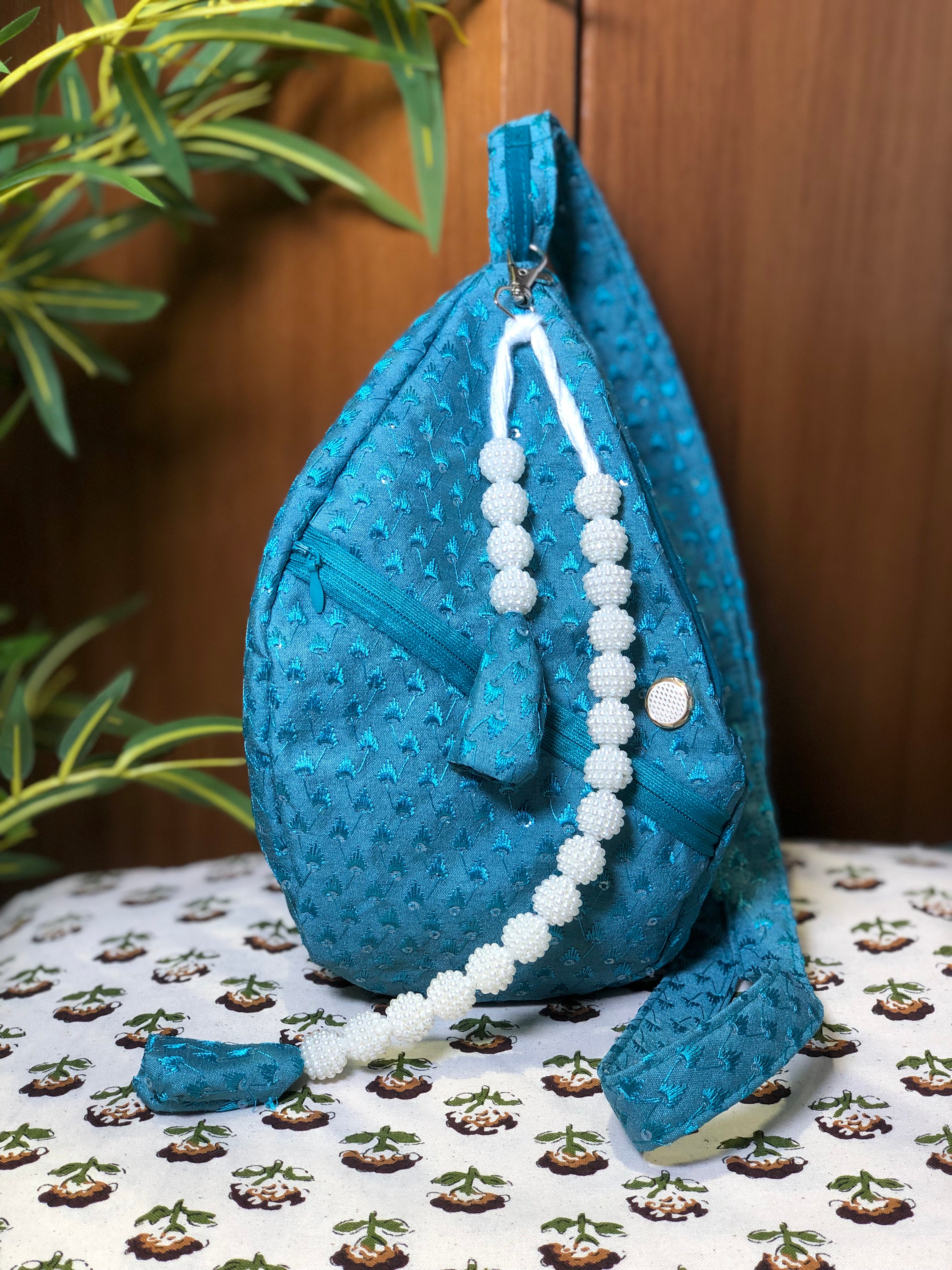 Teal Silk Embroidered Japa Bag