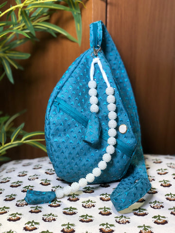 Teal Silk Embroidered Japa Bag