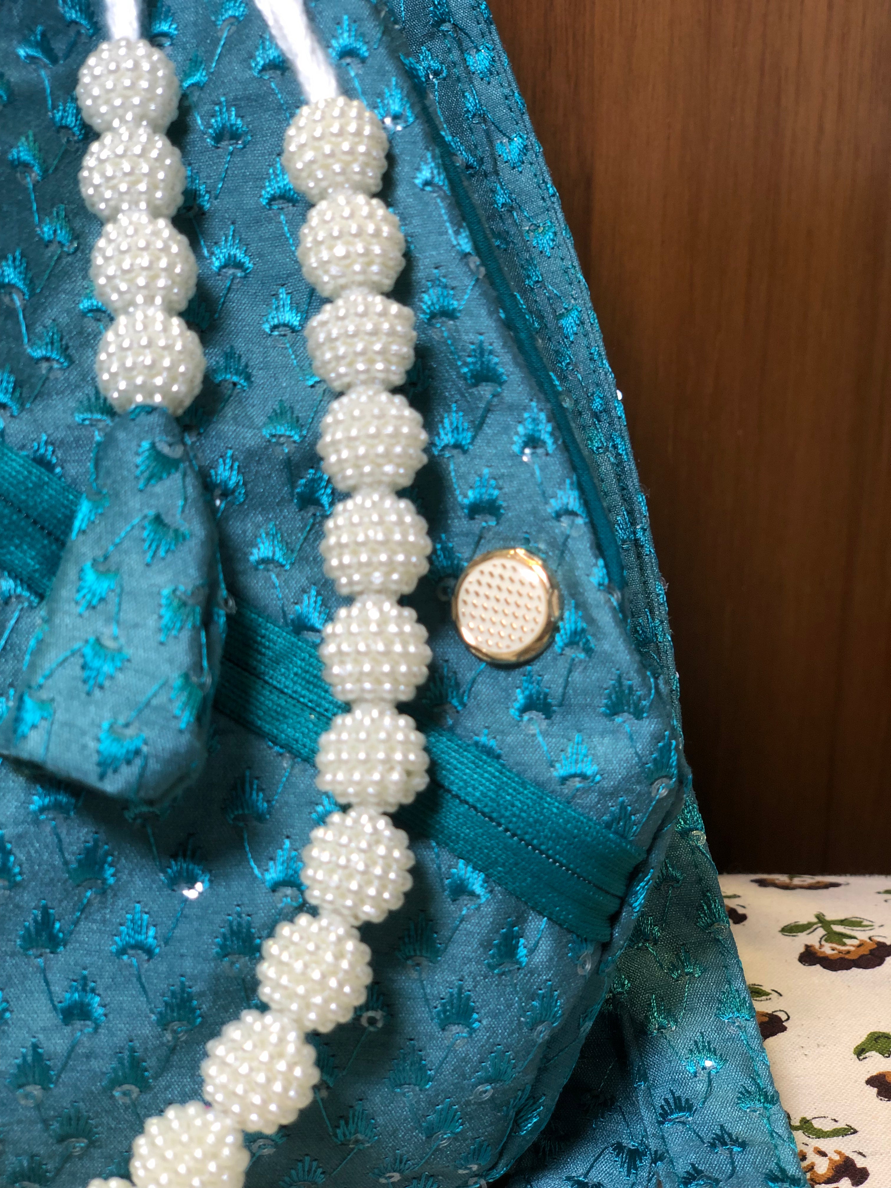Teal Silk Embroidered Japa Bag