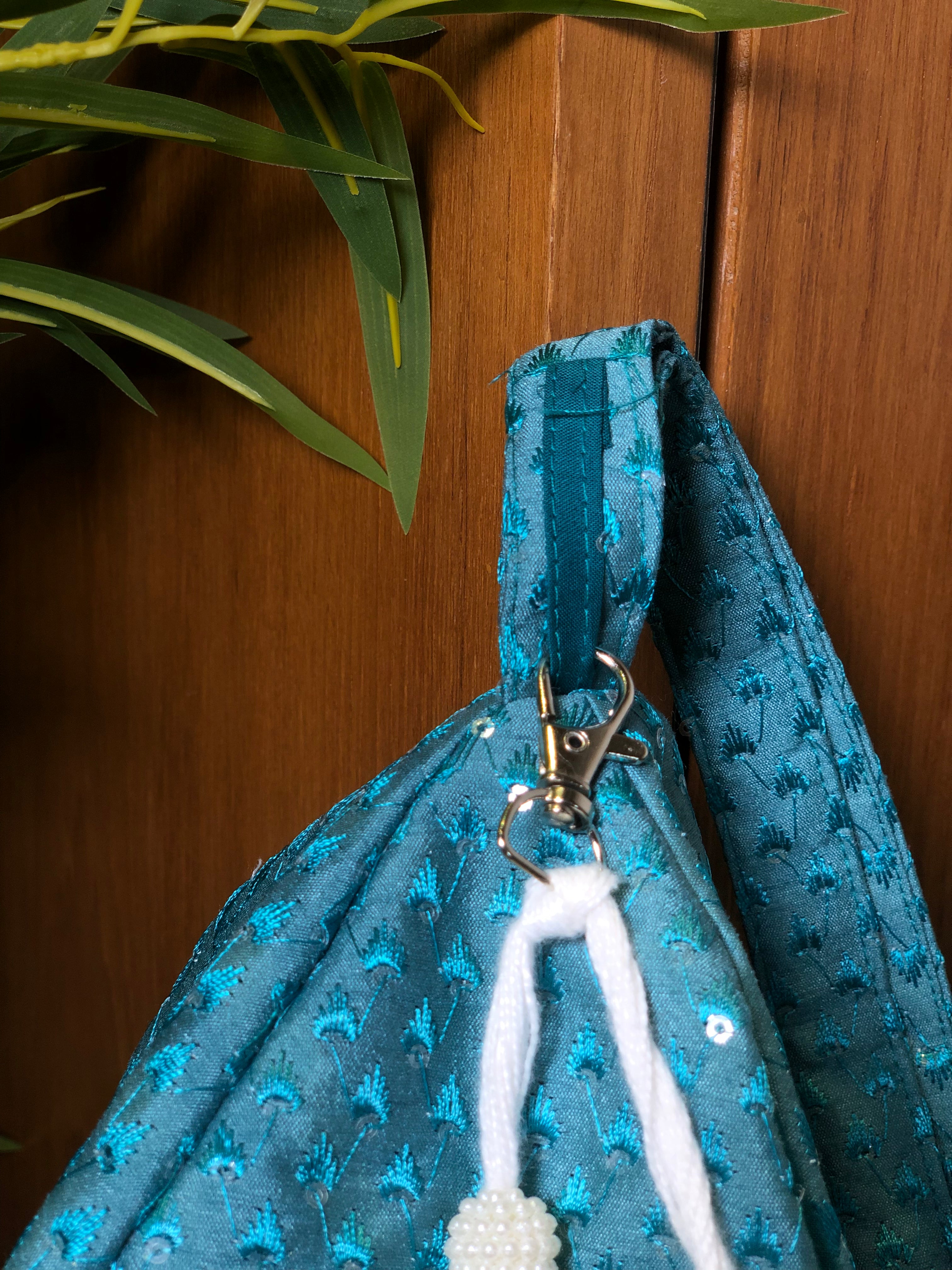 Teal Silk Embroidered Japa Bag