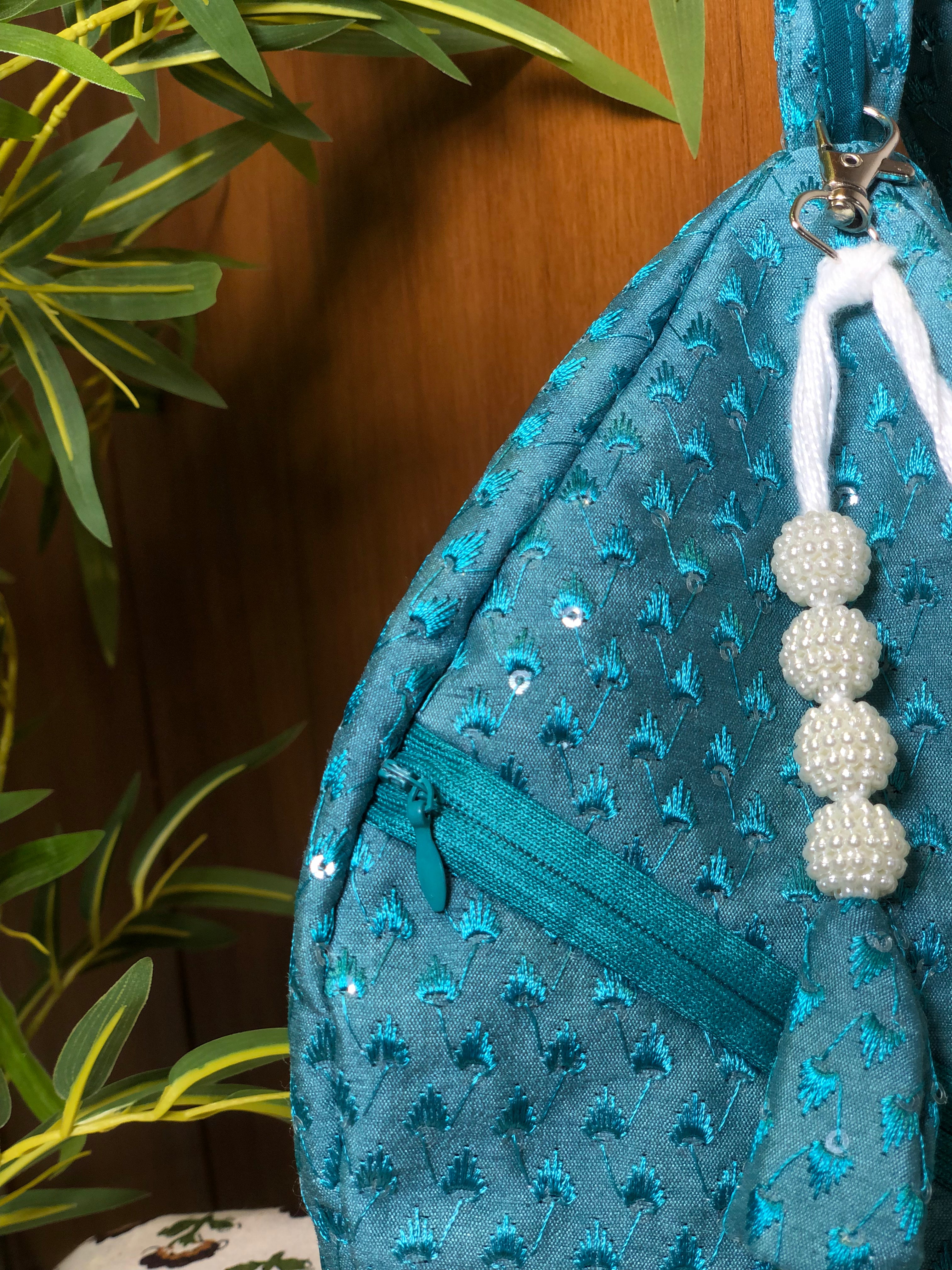 Teal Silk Embroidered Japa Bag