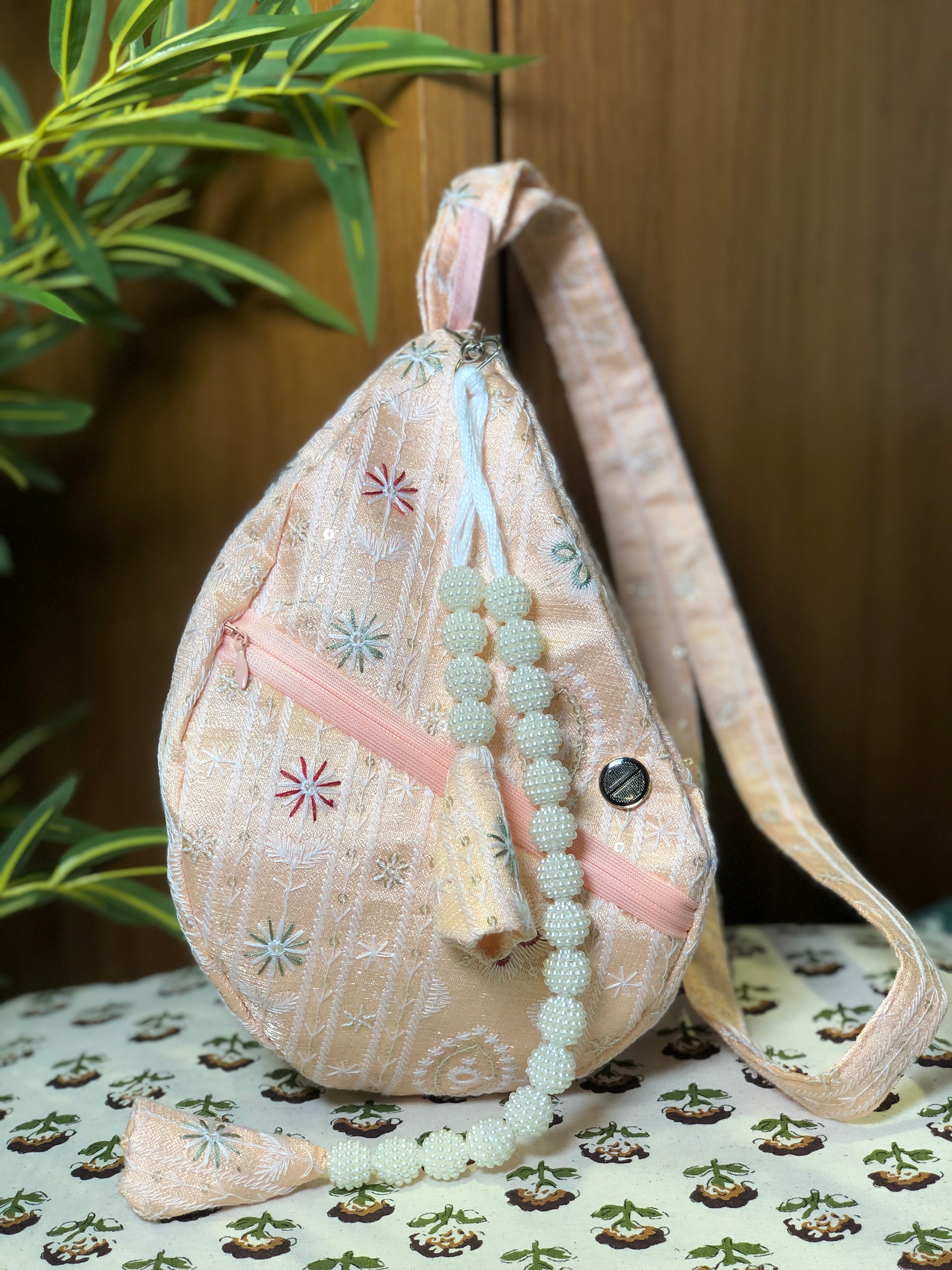 Peach Silk Embroidered Japa Bag