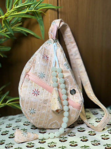 Peach Silk Embroidered Japa Bag