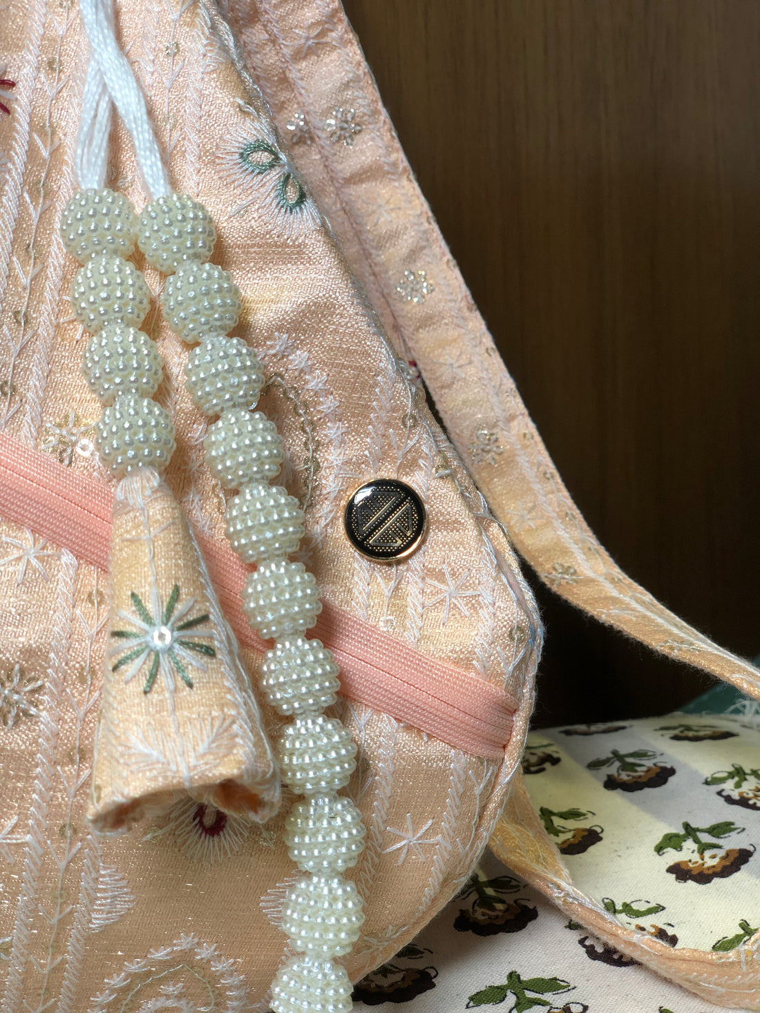 Peach Silk Embroidered Japa Bag