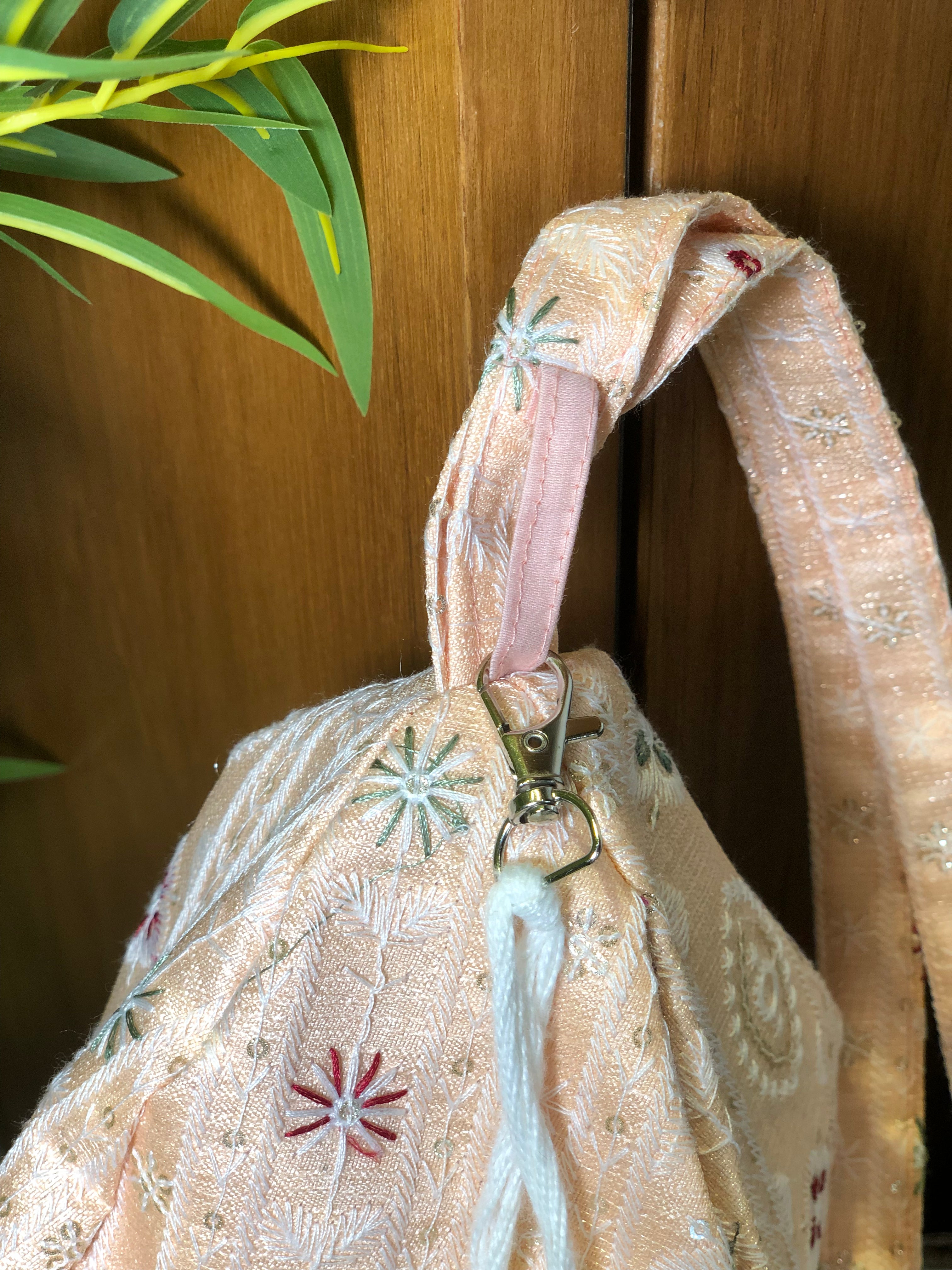 Peach Silk Embroidered Japa Bag