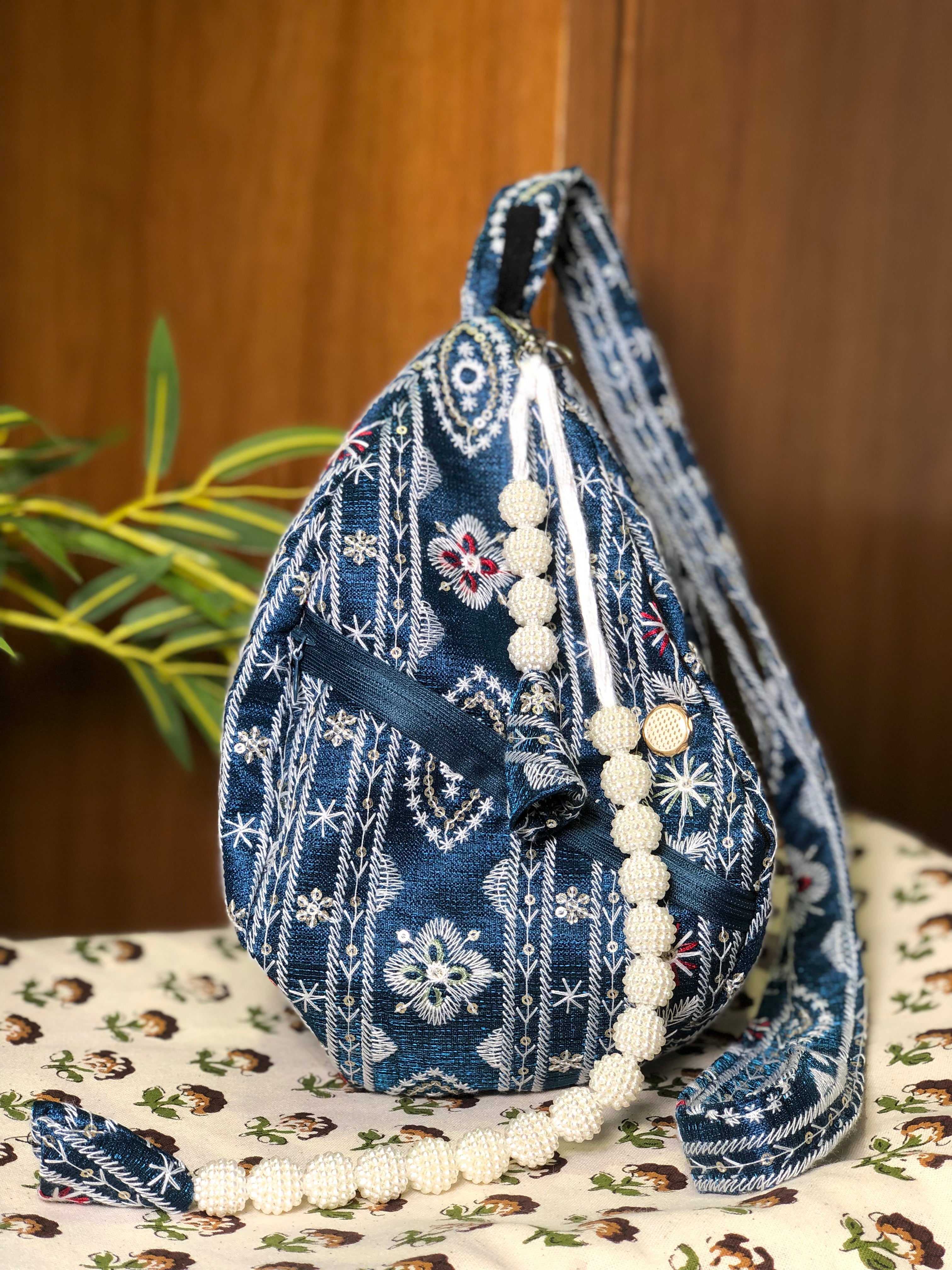 Deep Blue Embroidered Japa Bag